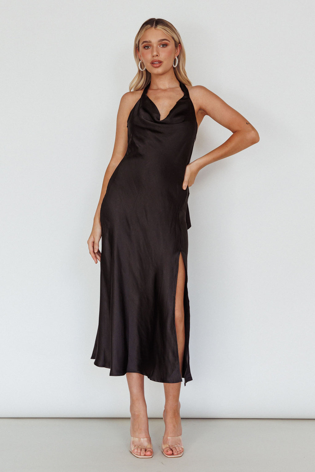 Champagne Showers Halterneck Slip Midi Dress Black by Selfie Leslie