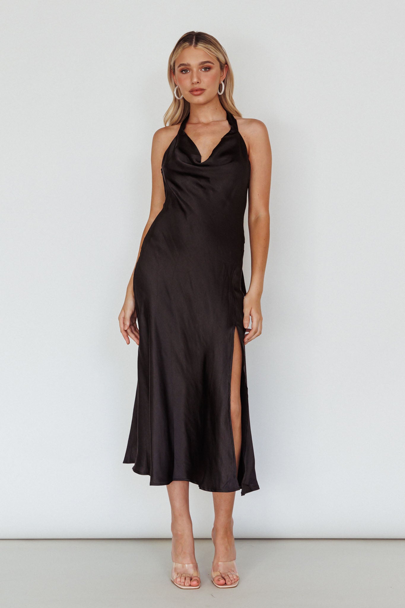 Champagne Showers Halterneck Slip Midi Dress Black by Selfie Leslie