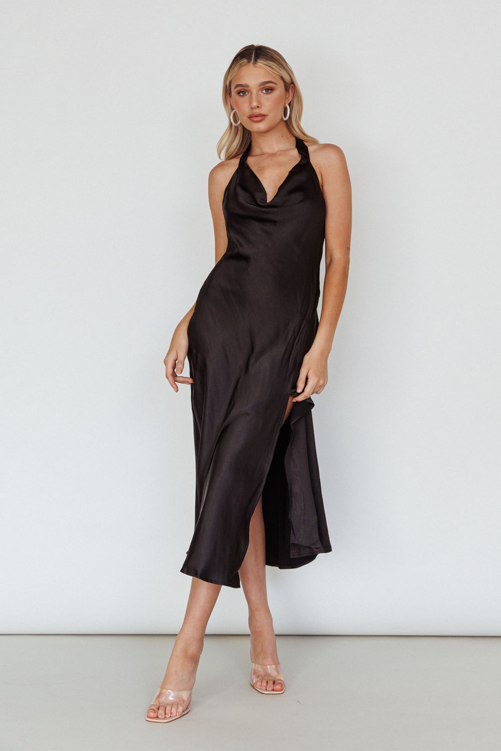Champagne Showers Halterneck Slip Midi Dress Black by Selfie Leslie