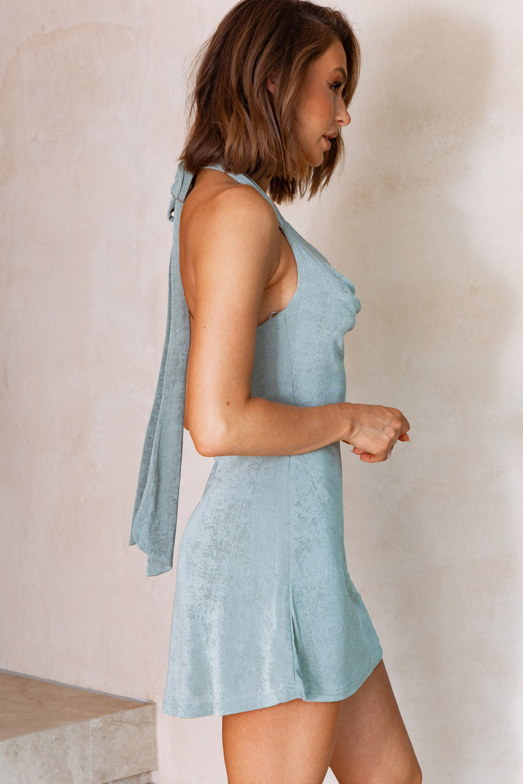 Champagne Showers Halterneck Slip Jersey Mini Dress Sage by Selfie Leslie