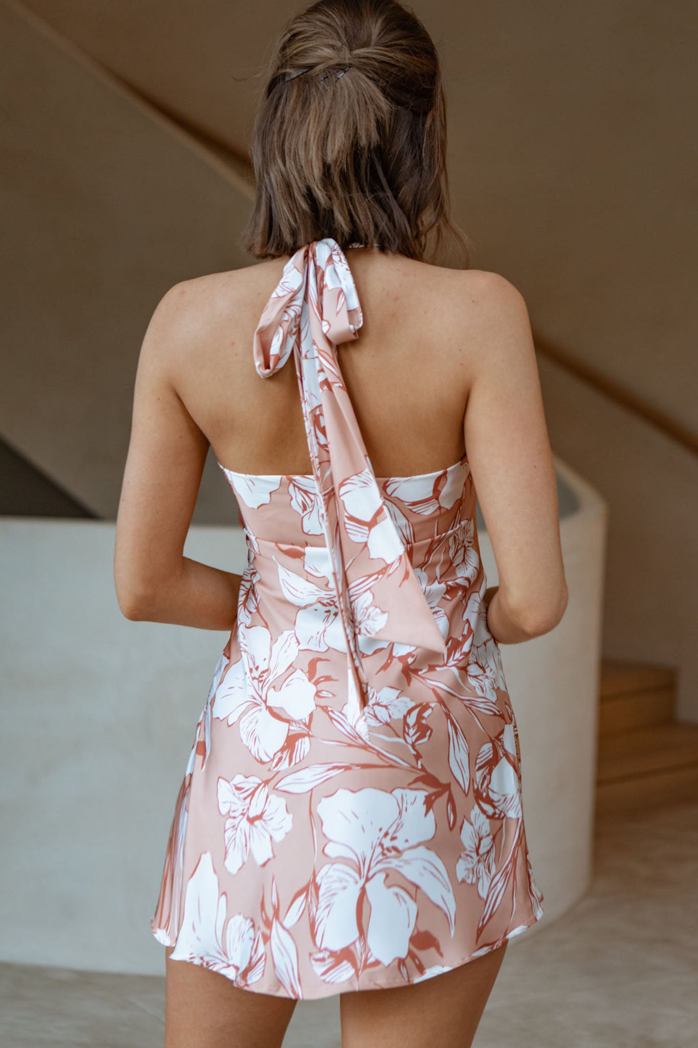 hibiscus print mini dress Champagne Showers Halterneck Slip Mini Dress Hibiscus Print Peach