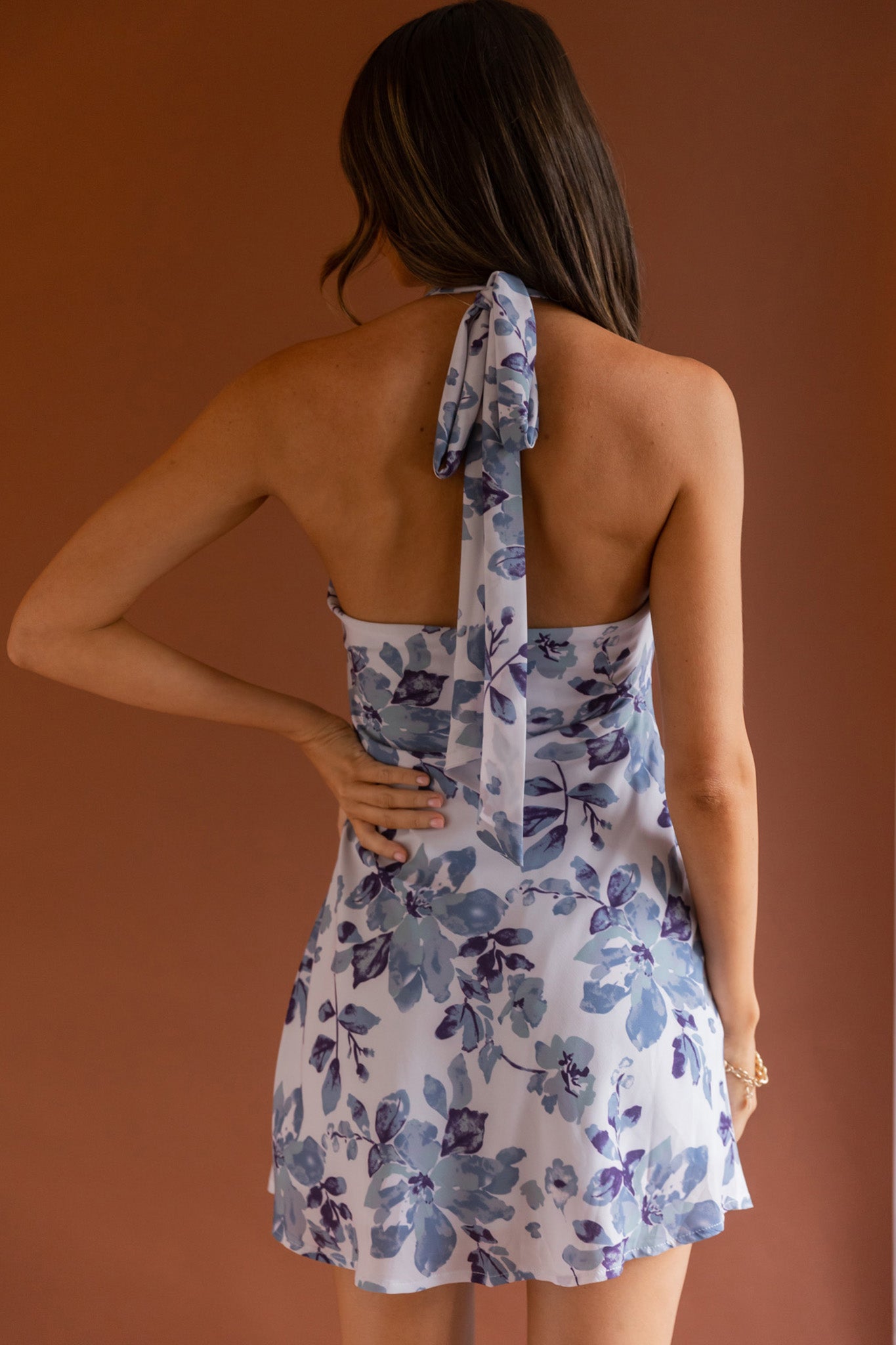 Champagne Showers Halterneck Slip Mini Dress Watercolor Floral Print Grey by Selfie Leslie