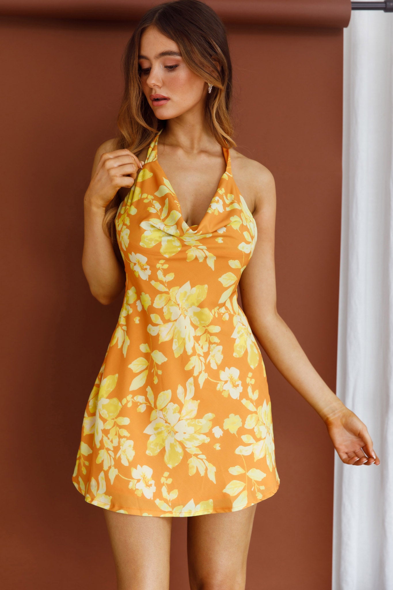 Champagne Showers Halterneck Slip Mini Dress Watercolor Floral Print Yellow by Selfie Leslie