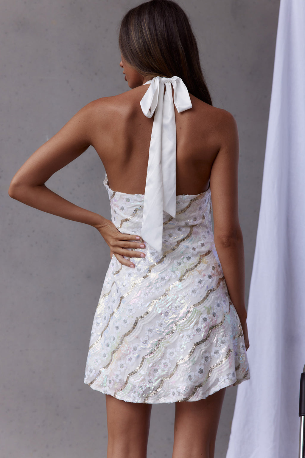 Champagne Showers Halterneck Slip Mini Dress Sequin Flower White by Selfie Leslie