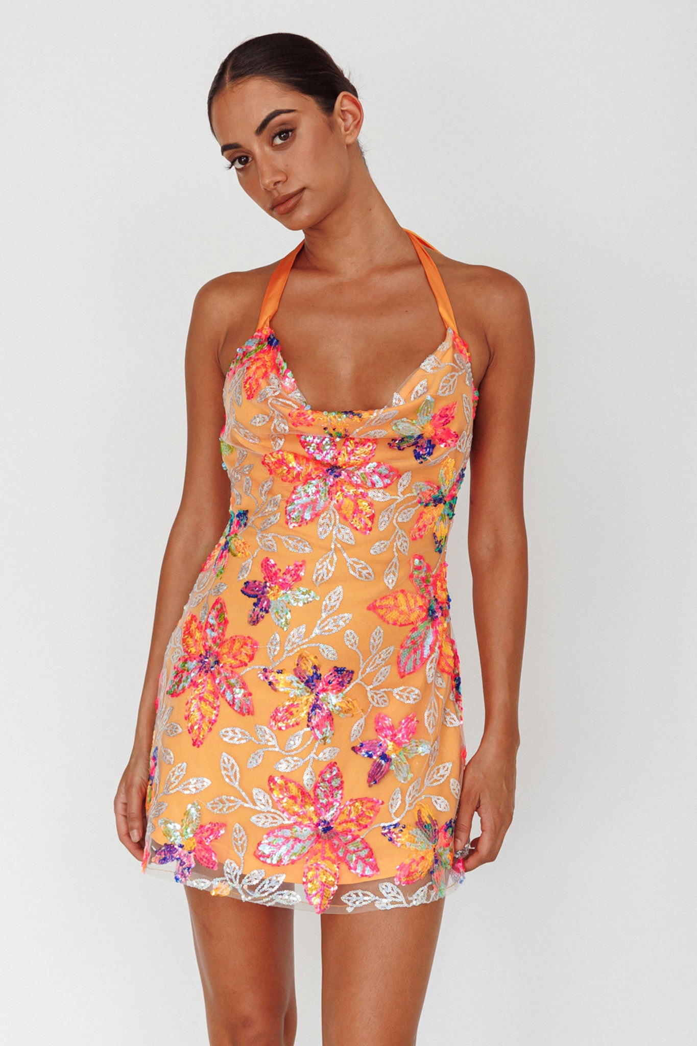 Champagne Showers Halterneck Slip Mini Dress Sequin Floral Orange Selfie  Leslie