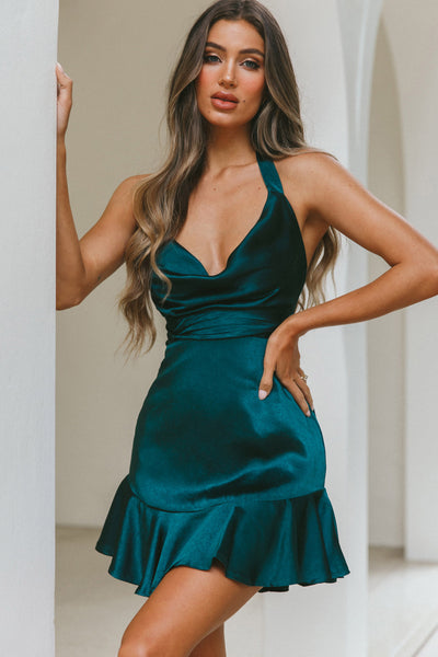 Champs Elysees Halterneck Ruffle Hem Mini Dress Forest Green– Selfie Leslie