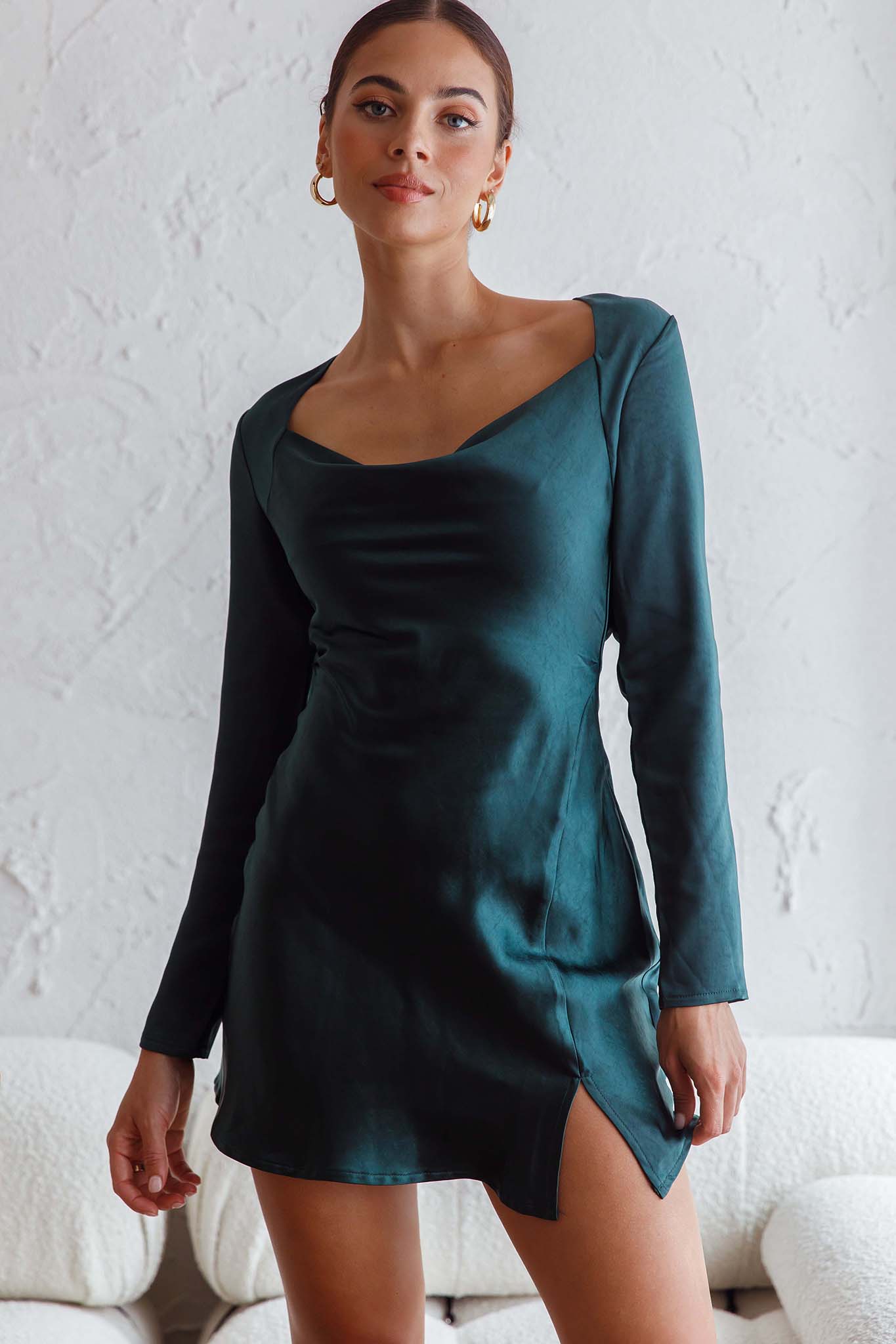 Champs Elysees Long Sleeve Open Back Mini Dress Forest Green by Selfie Leslie