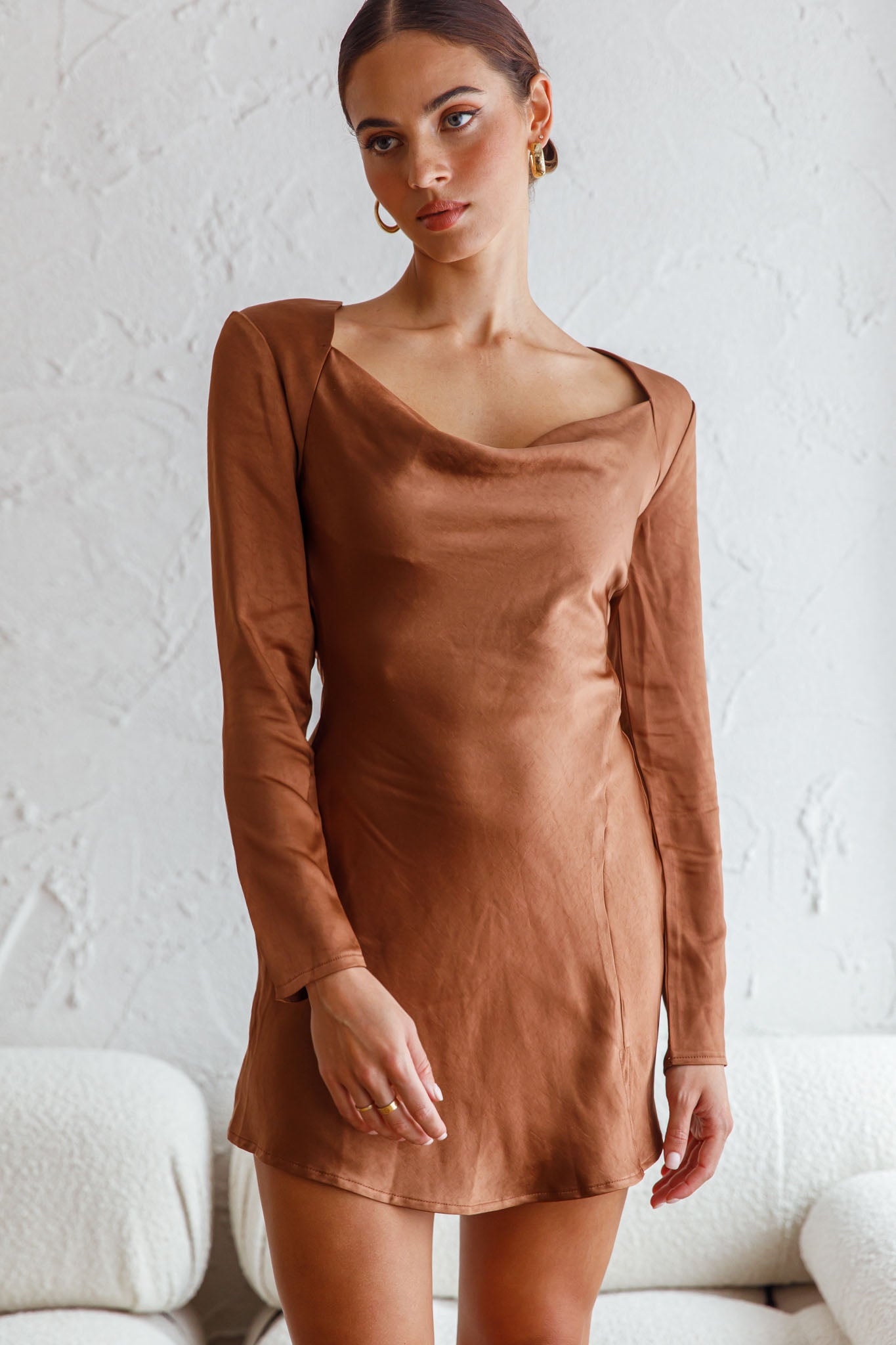 Champs Elysees Long Sleeve Open Back Mini Dress Chocolate by Selfie Leslie