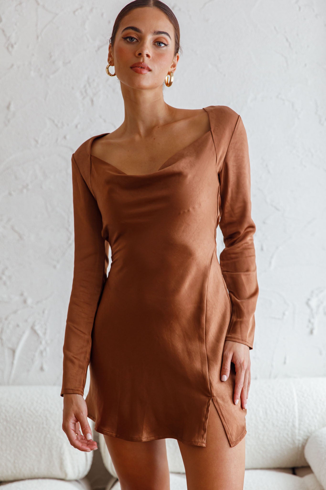 Champs Elysees Long Sleeve Open Back Mini Dress Chocolate by Selfie Leslie
