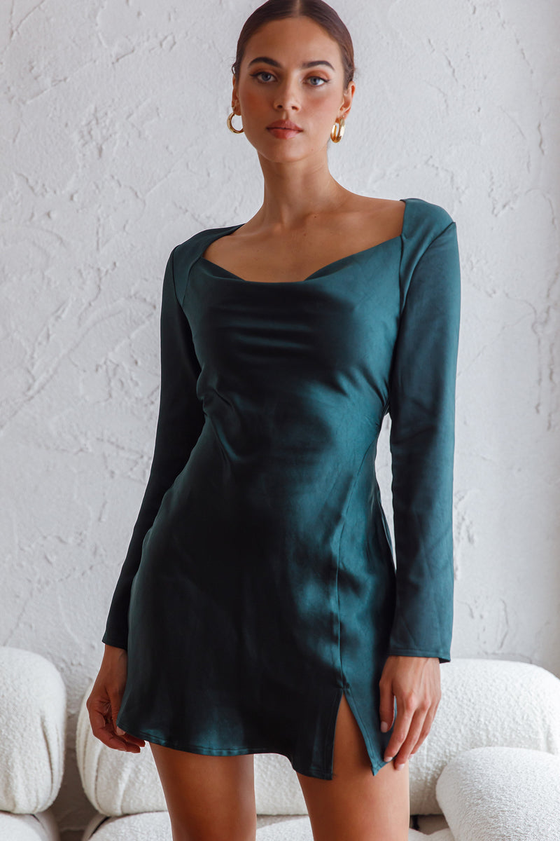 Shop the Champs Elysees Long Sleeve Open Back Mini Dress Forest Green ...