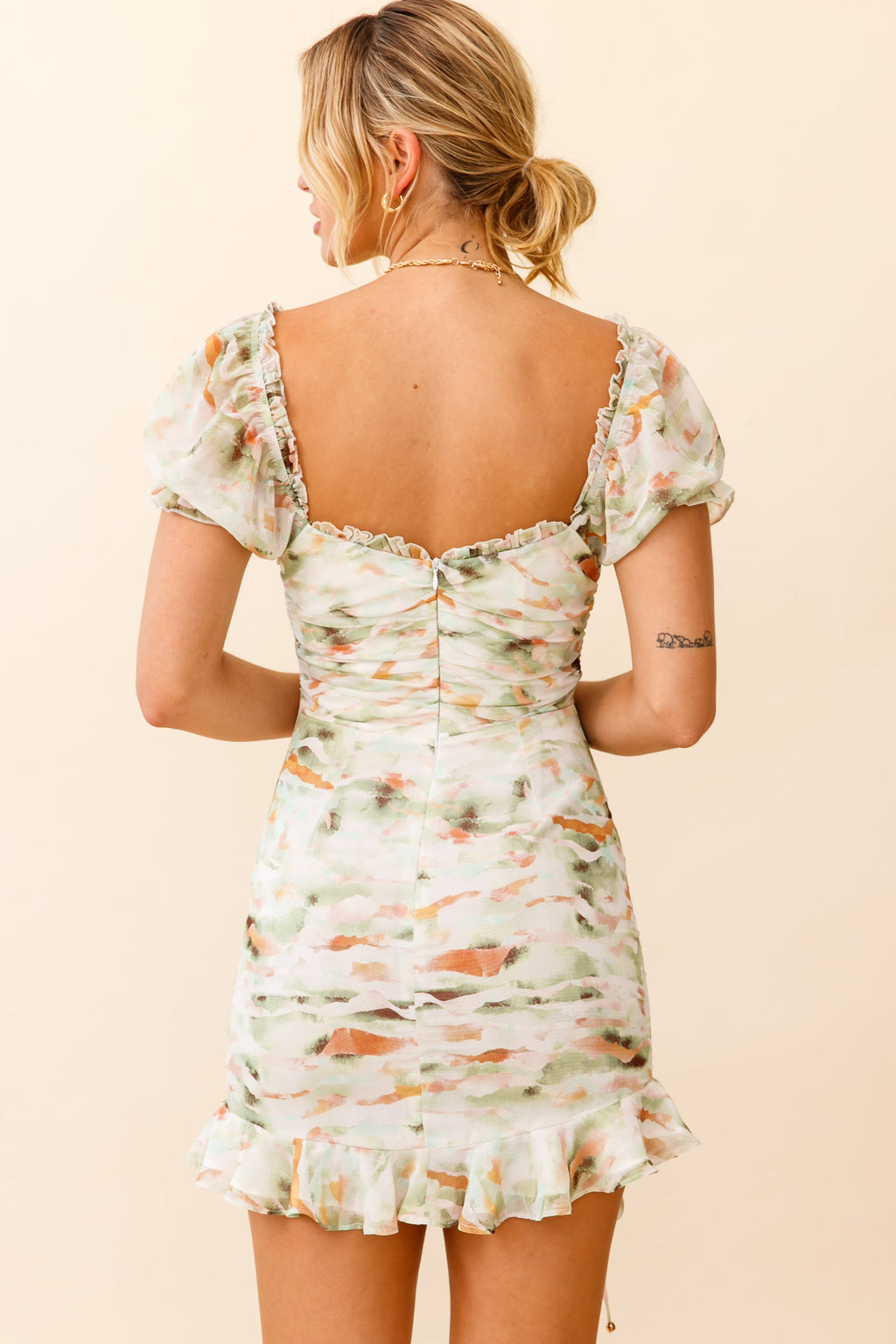 Serena Puff Sleeve Ruched Detail Dress Watercolor Print Green by Selfie Leslie