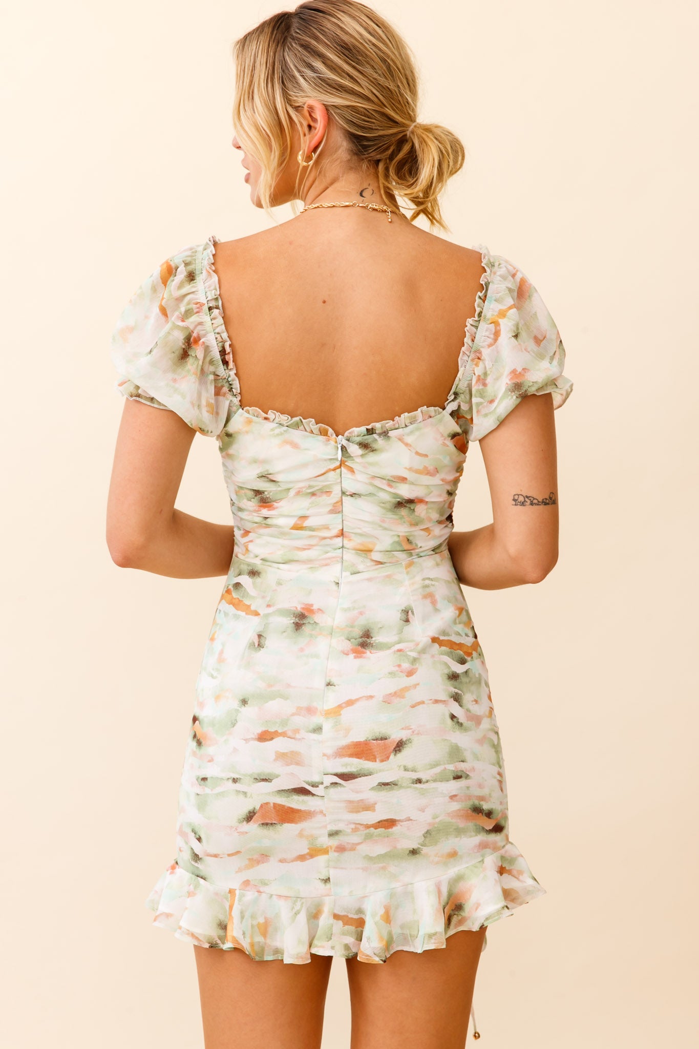 Serena Puff Sleeve Ruched Detail Dress Watercolor Print Green by Selfie Leslie