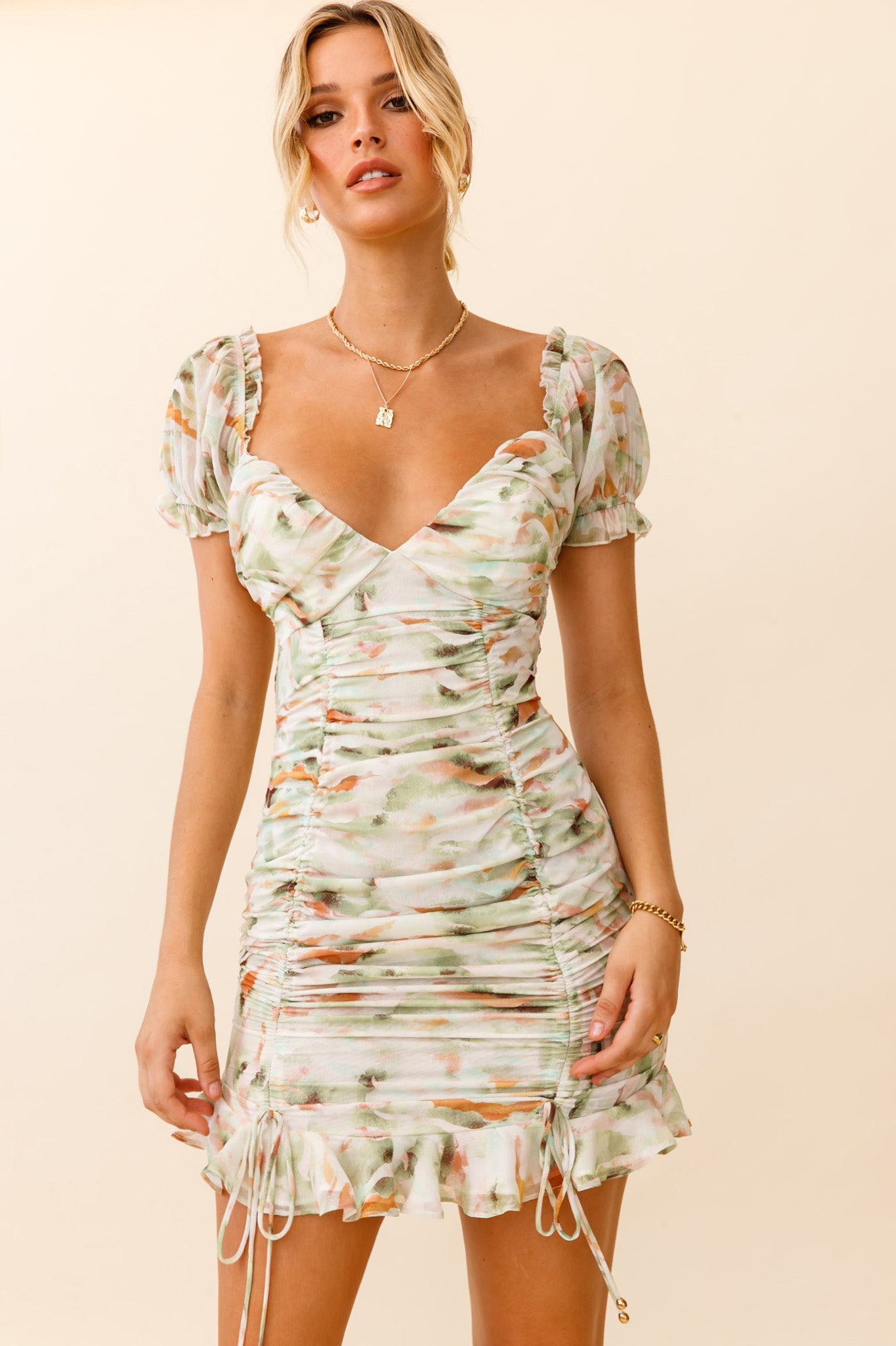 Serena Puff Sleeve Ruched Detail Dress Watercolor Print Green by Selfie Leslie