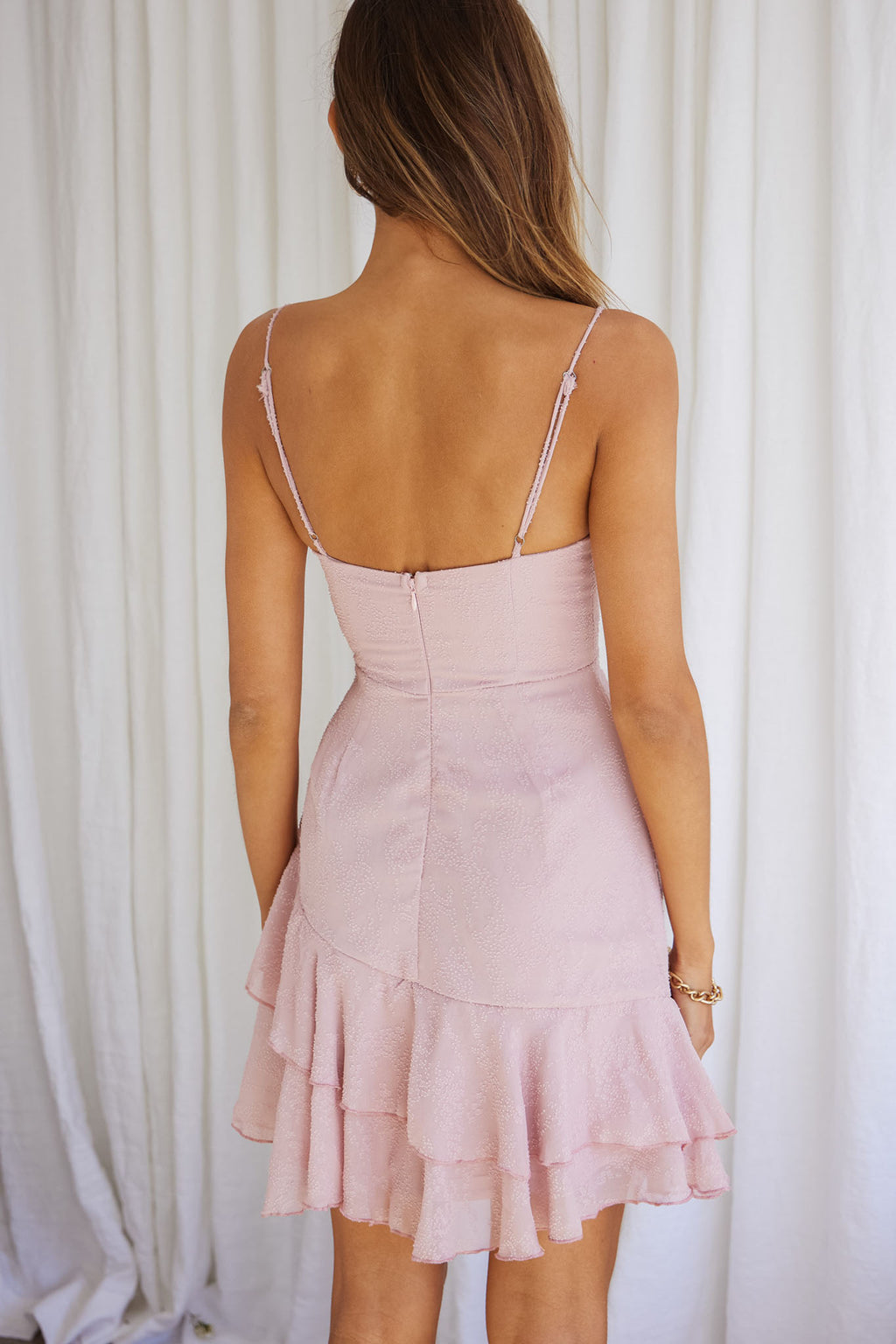High Society Ruched Drawstring Ruffle Hem Textured Mini Dress Blush by Selfie Leslie