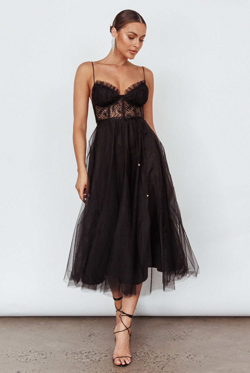 Trophy Lace Bodice Mesh Midi Dress Black by Selfie Leslie