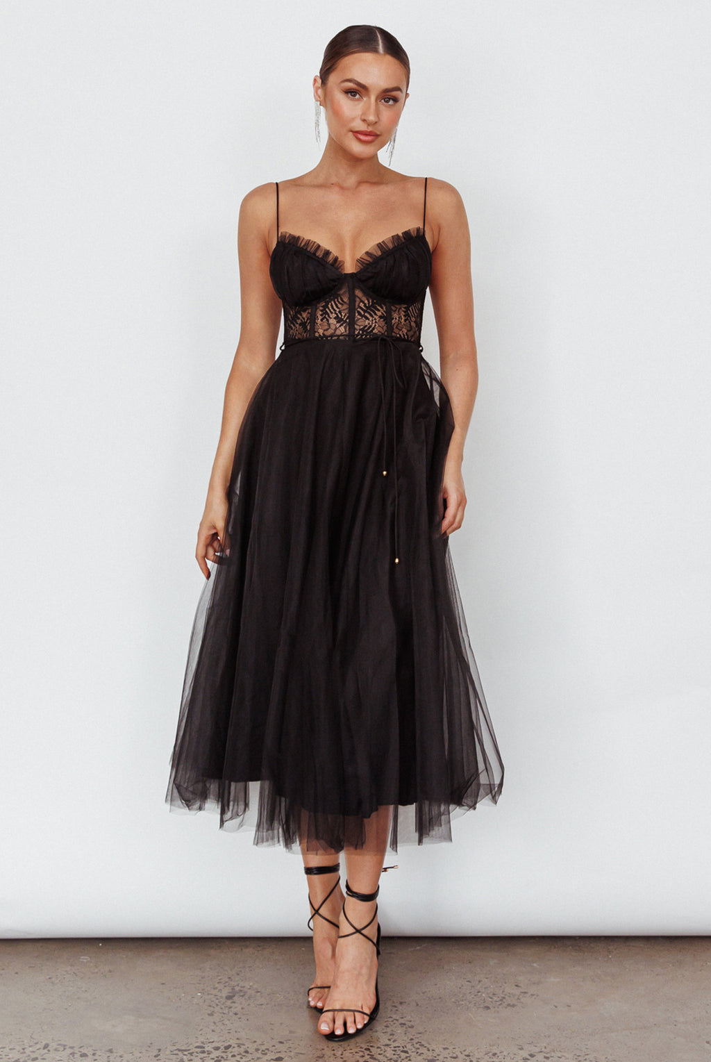 Trophy Lace Bodice Mesh Midi Dress Black by Selfie Leslie