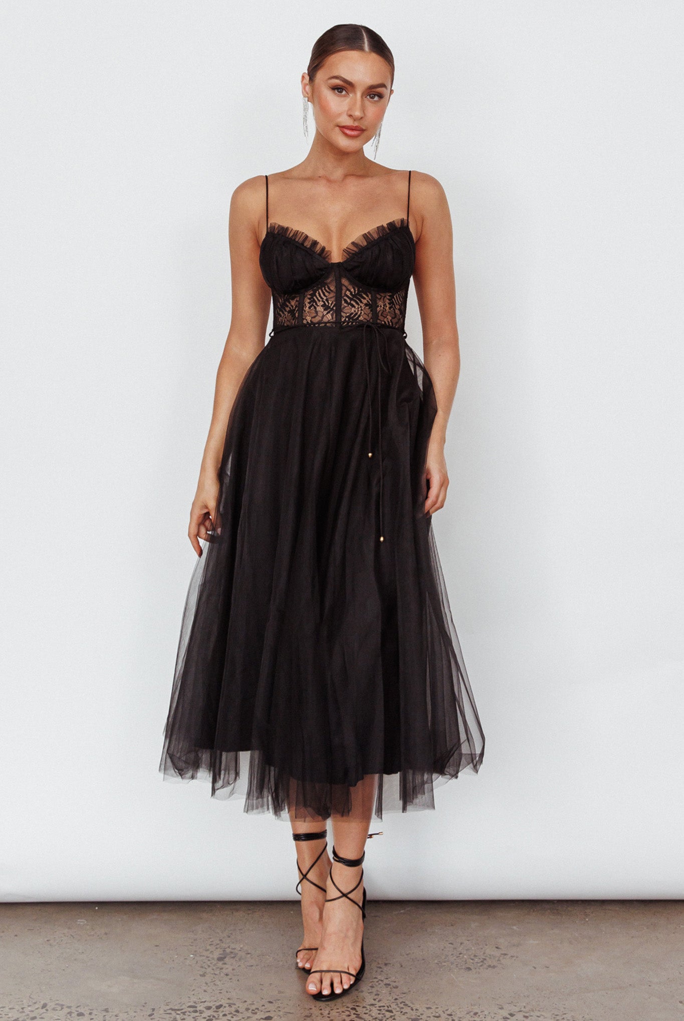 Trophy Lace Bodice Mesh Midi Dress Black by Selfie Leslie