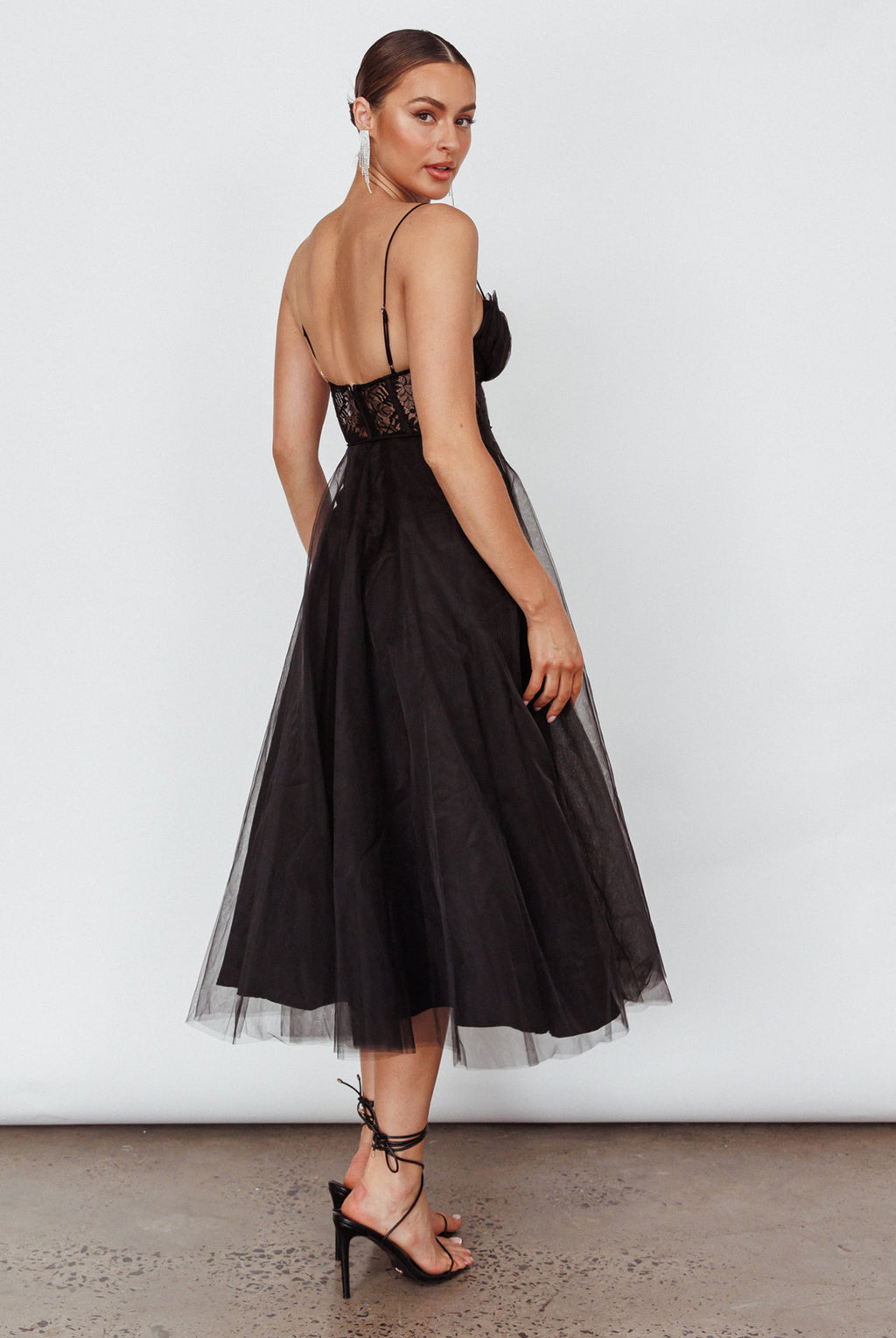 Trophy Lace Bodice Mesh Midi Dress Black by Selfie Leslie