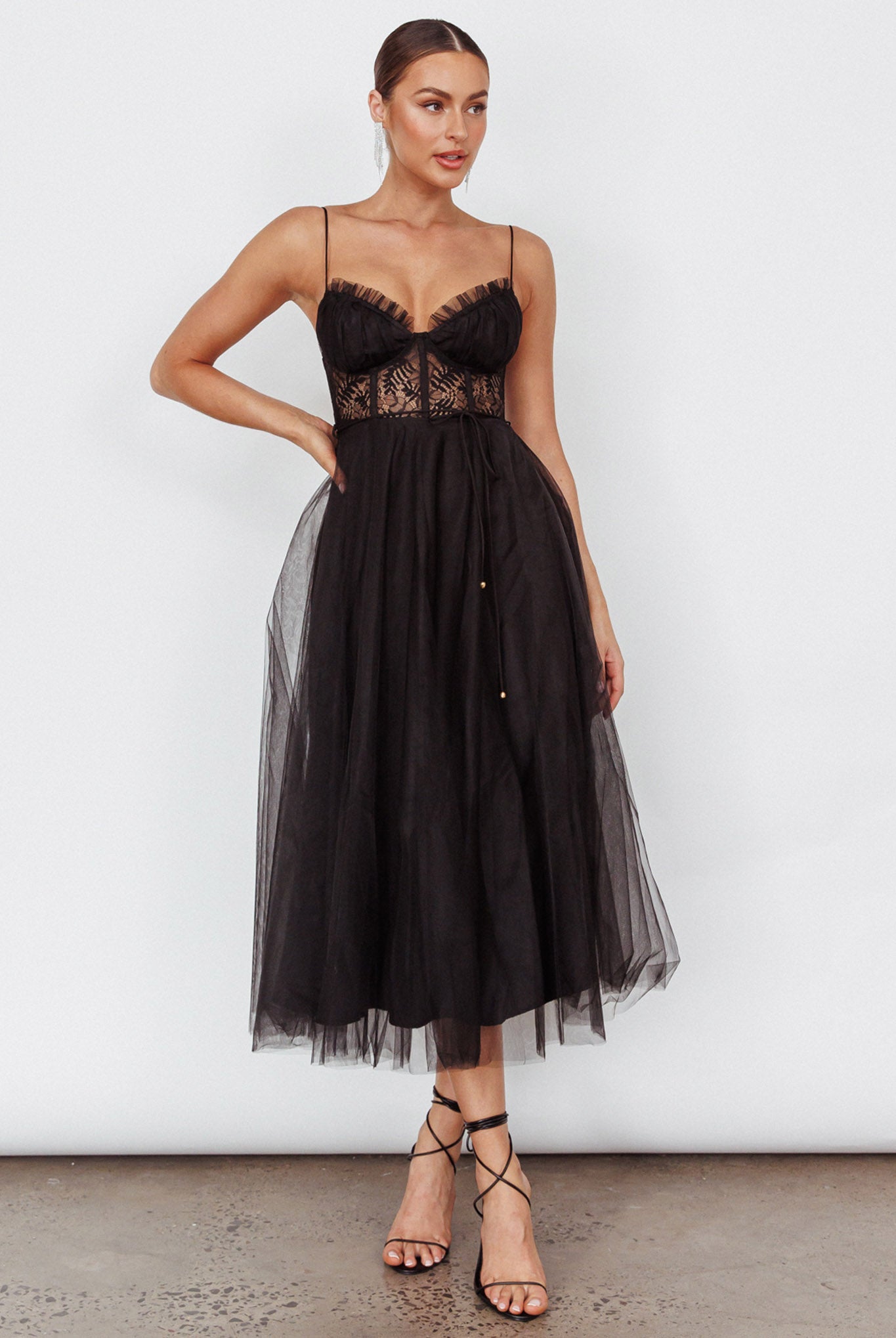 Trophy Lace Bodice Mesh Midi Dress Black by Selfie Leslie