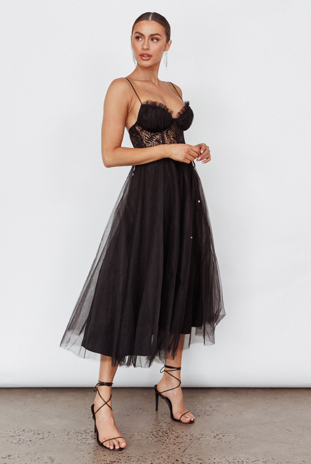Trophy Lace Bodice Mesh Midi Dress Black by Selfie Leslie