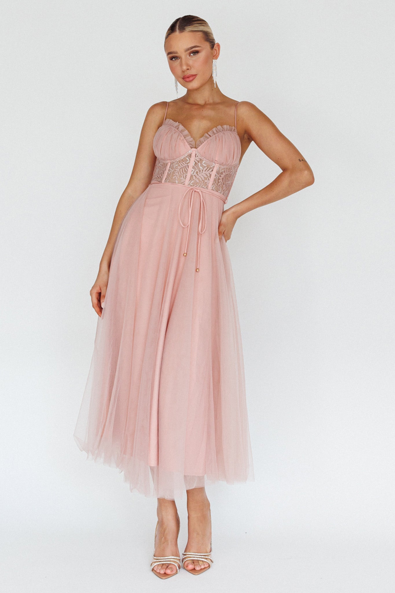 Trophy Lace Bodice Mesh Midi Dress Blush by Selfie Leslie
