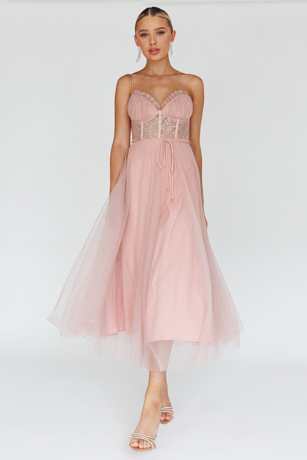 Trophy Lace Bodice Mesh Midi Dress Blush by Selfie Leslie