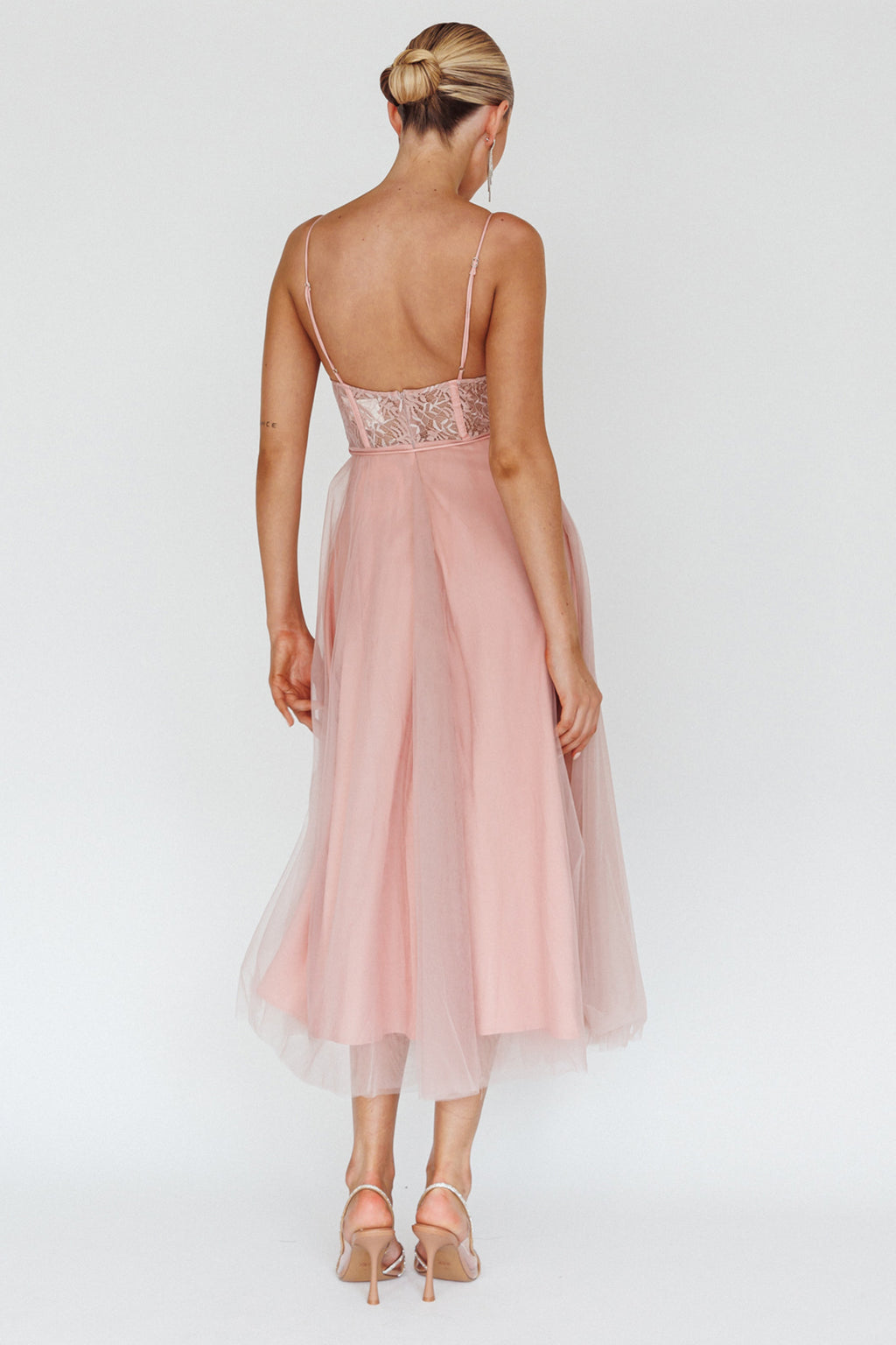 Trophy Lace Bodice Mesh Midi Dress Blush by Selfie Leslie