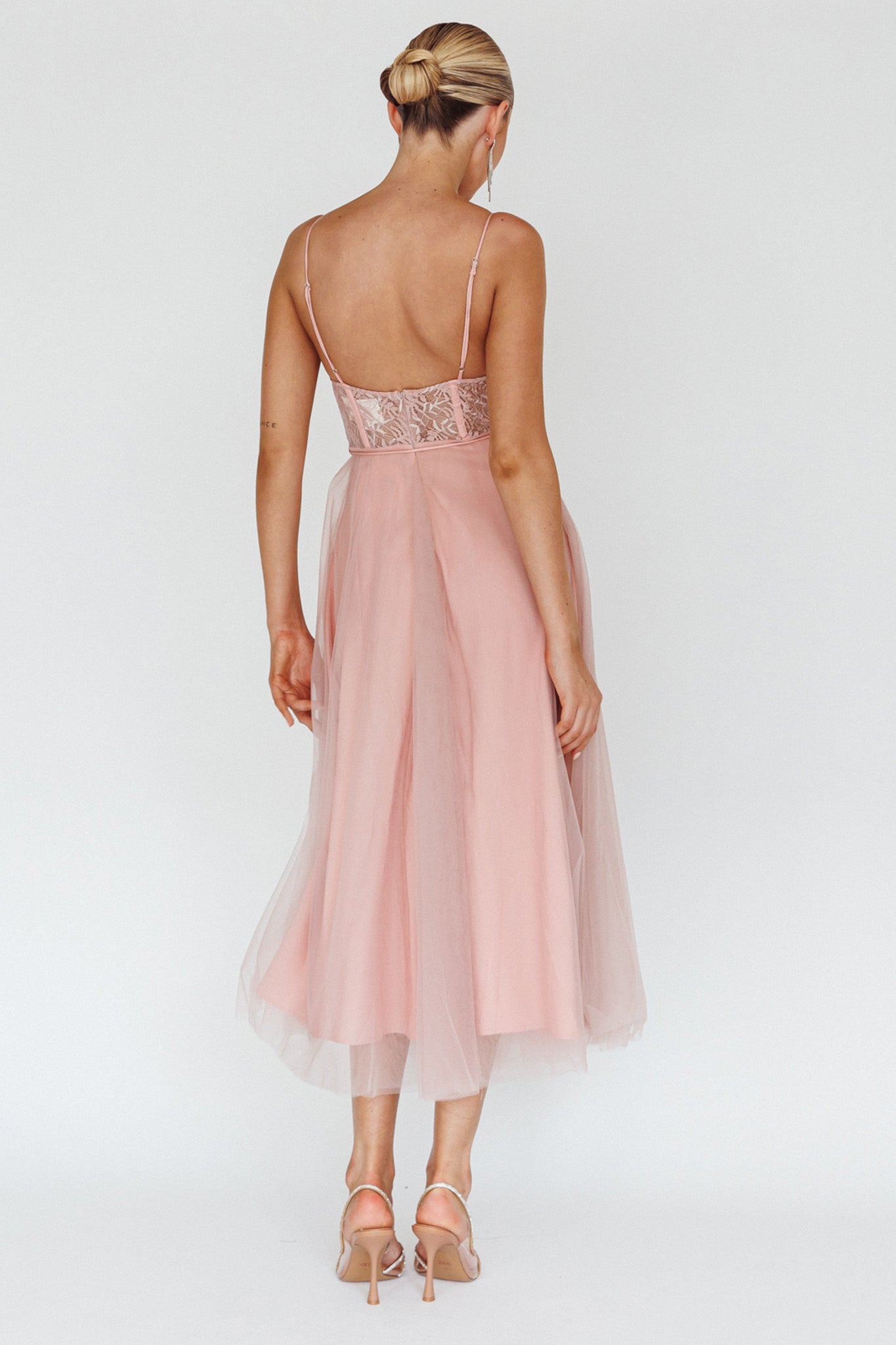 Trophy Lace Bodice Mesh Midi Dress Blush by Selfie Leslie