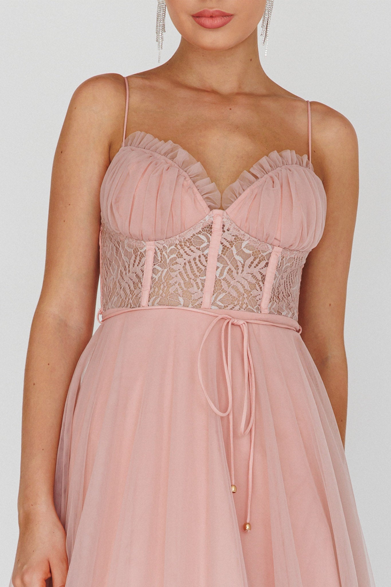 Trophy Lace Bodice Mesh Midi Dress Blush by Selfie Leslie