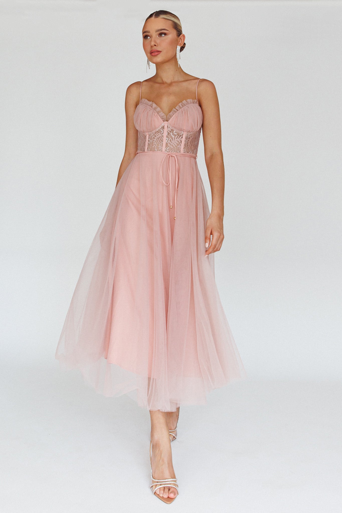 Trophy Lace Bodice Mesh Midi Dress Blush by Selfie Leslie