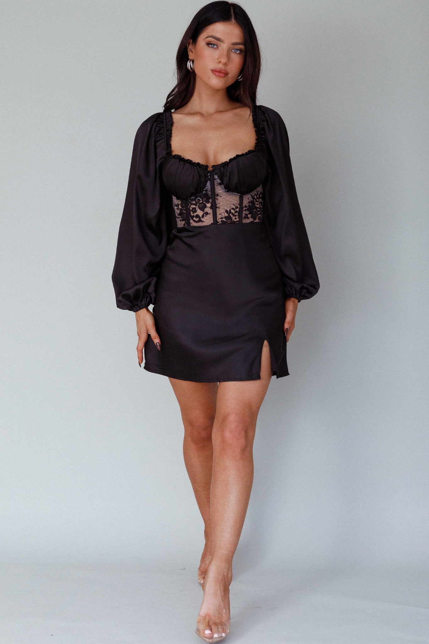 Trophy Long Sleeve Lace Bodice Midi Dress Black by Selfie Leslie