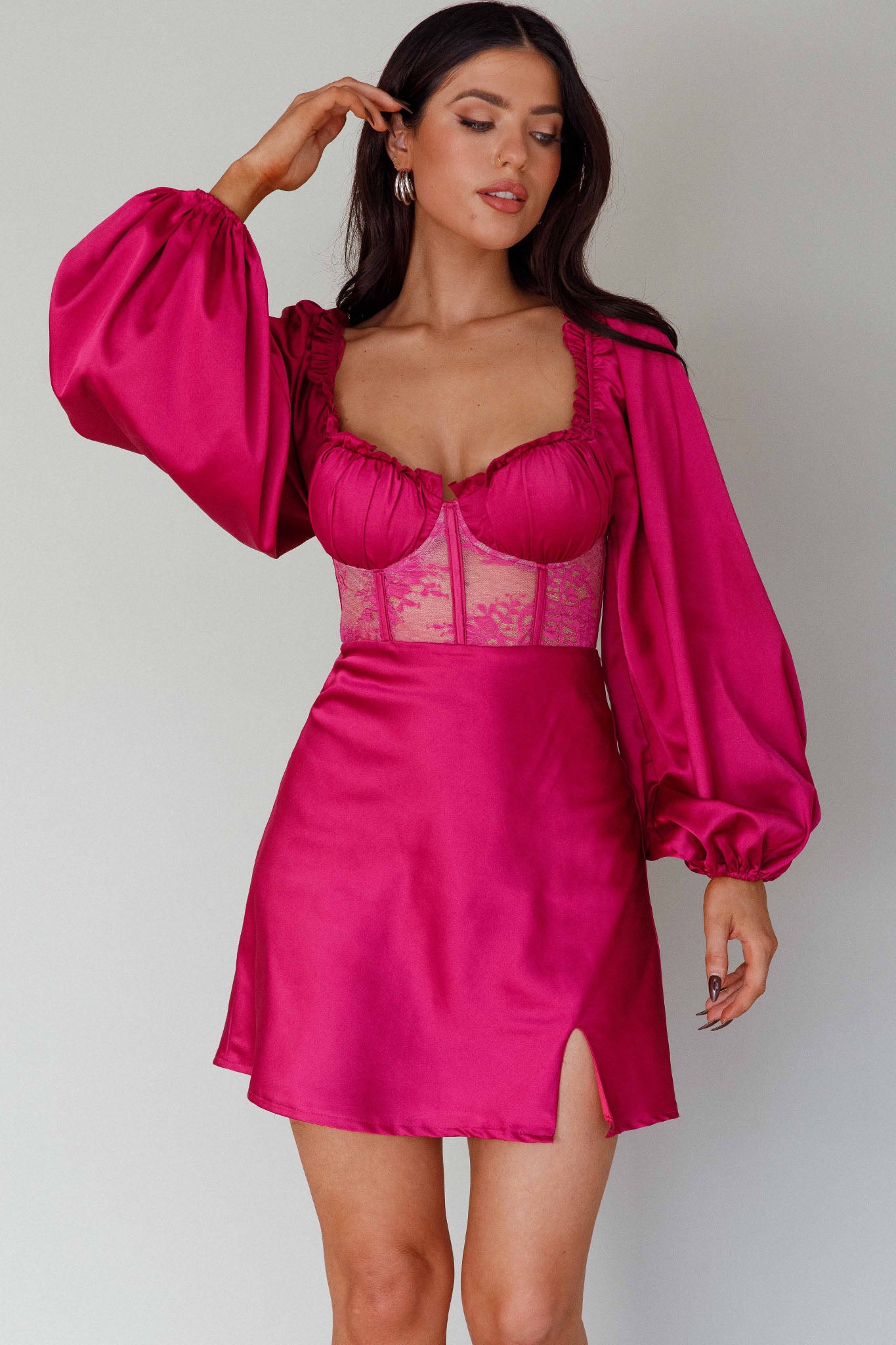 Trophy Long Sleeve Lace Bodice Midi Dress Plum by Selfie Leslie