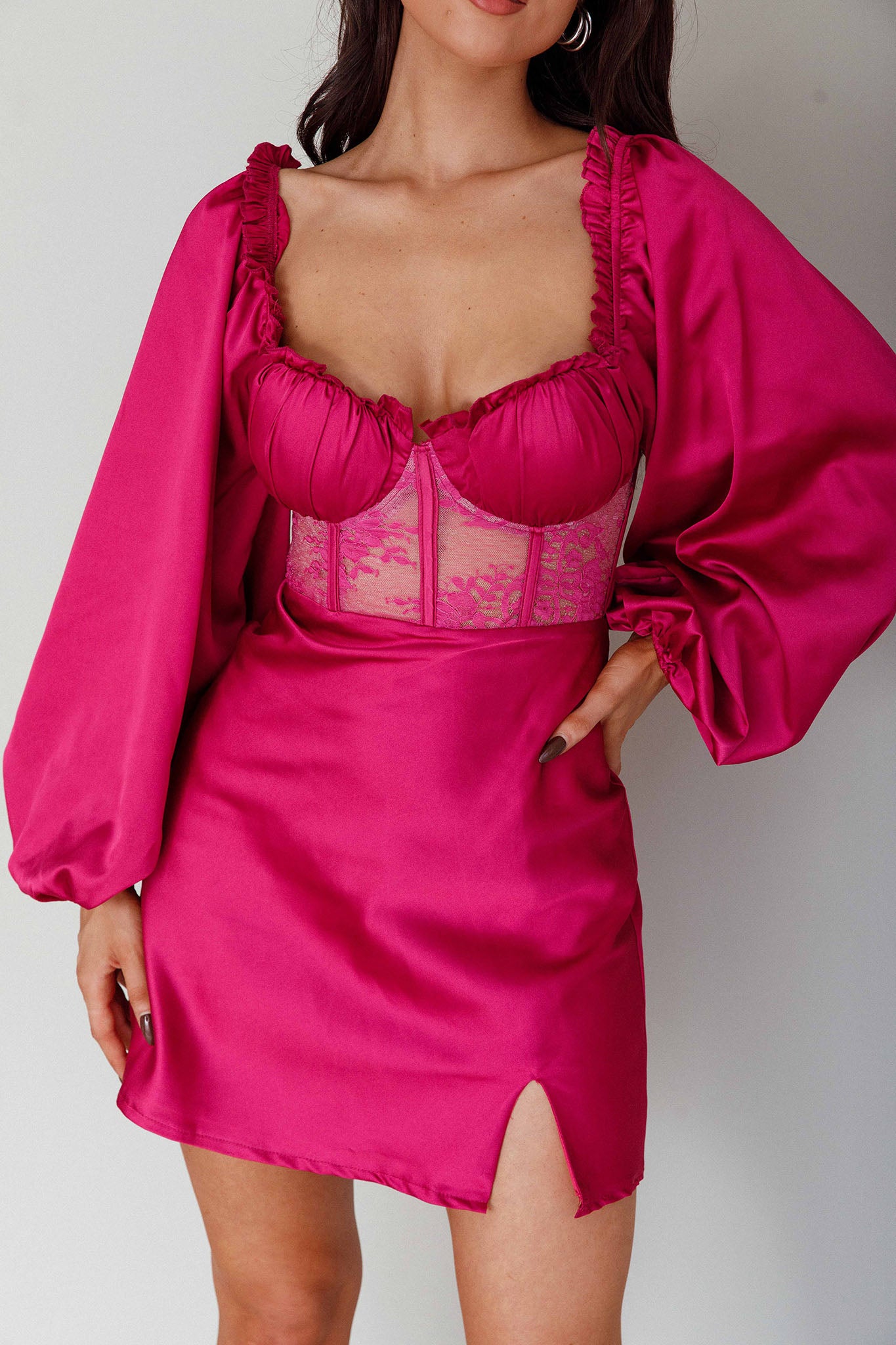 Trophy Long Sleeve Lace Bodice Midi Dress Plum by Selfie Leslie