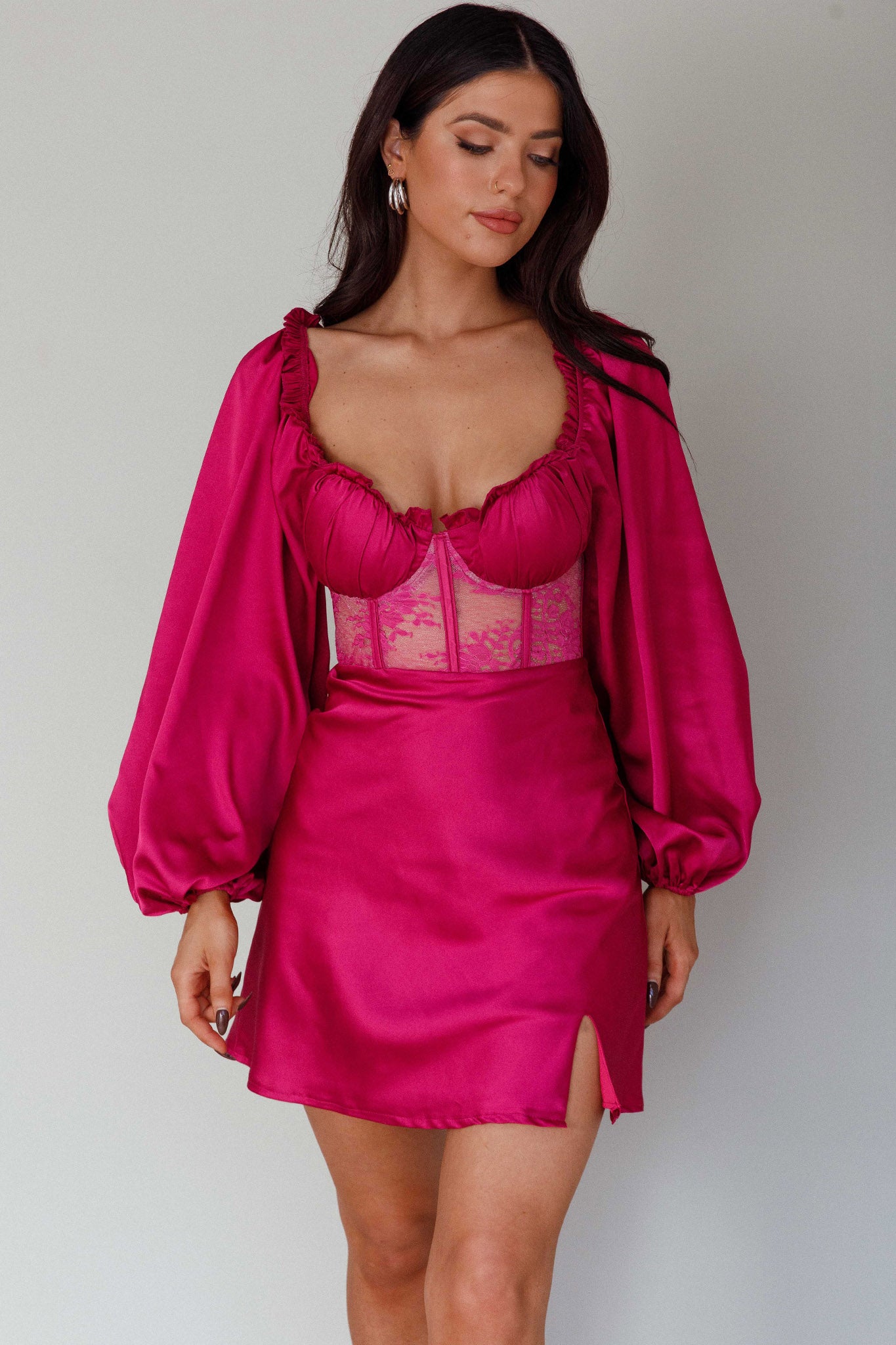 Trophy Long Sleeve Lace Bodice Midi Dress Plum by Selfie Leslie