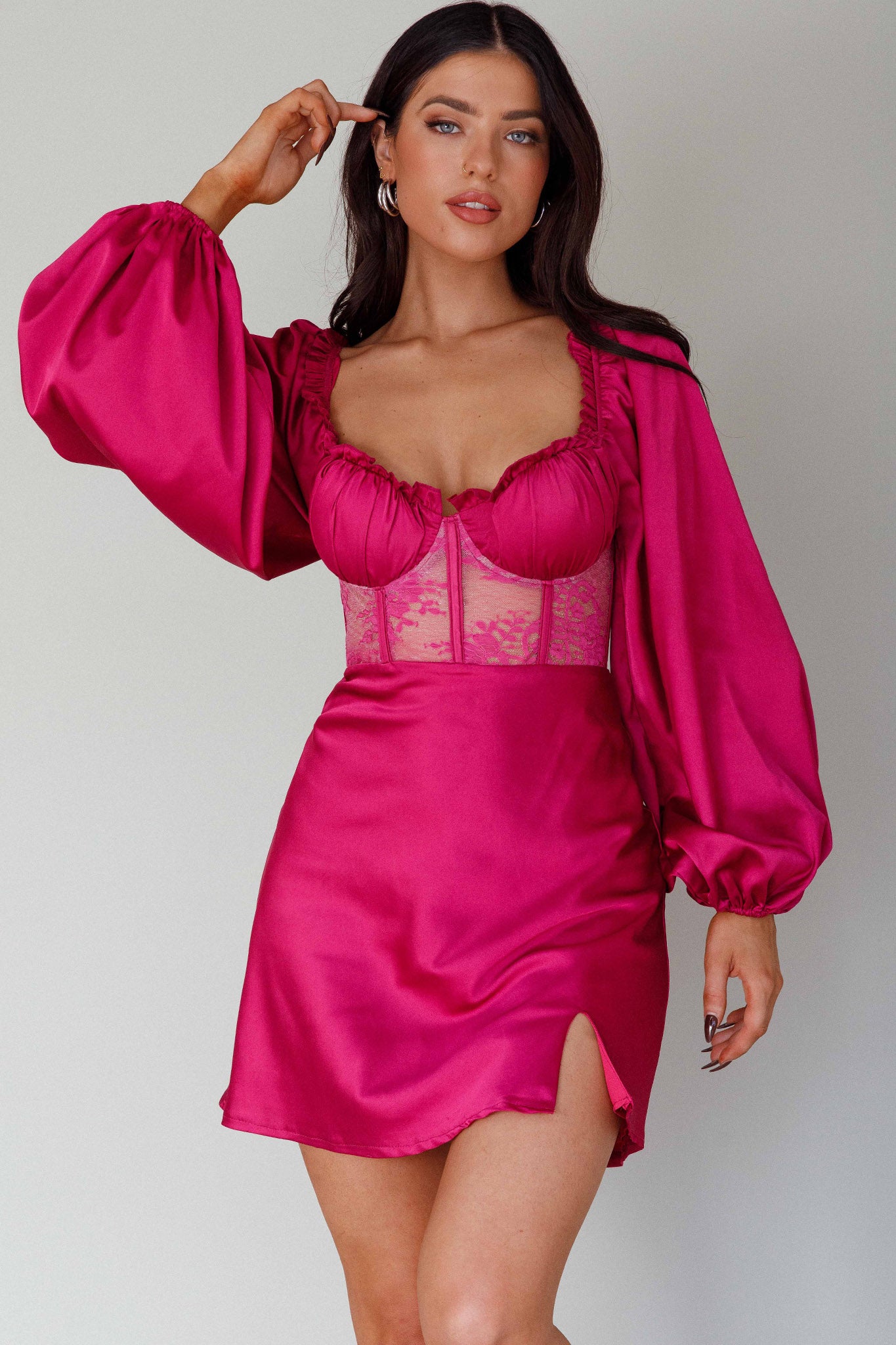 Trophy Long Sleeve Lace Bodice Midi Dress Plum by Selfie Leslie