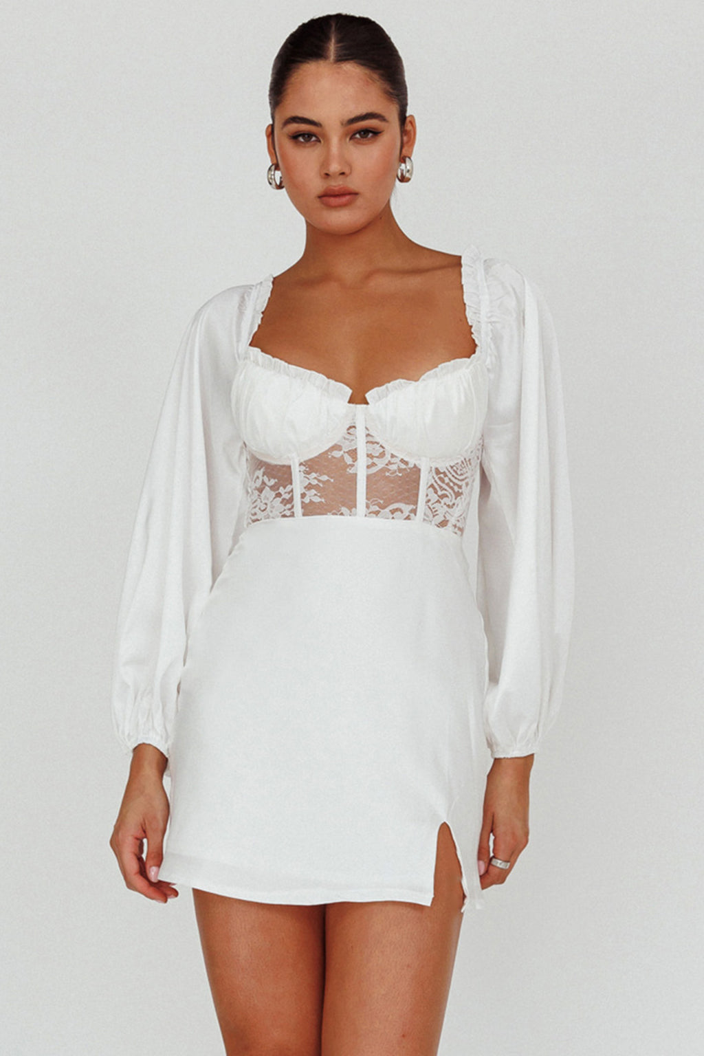 Trophy Long Sleeve Lace Bodice Midi Dress White by Selfie Leslie