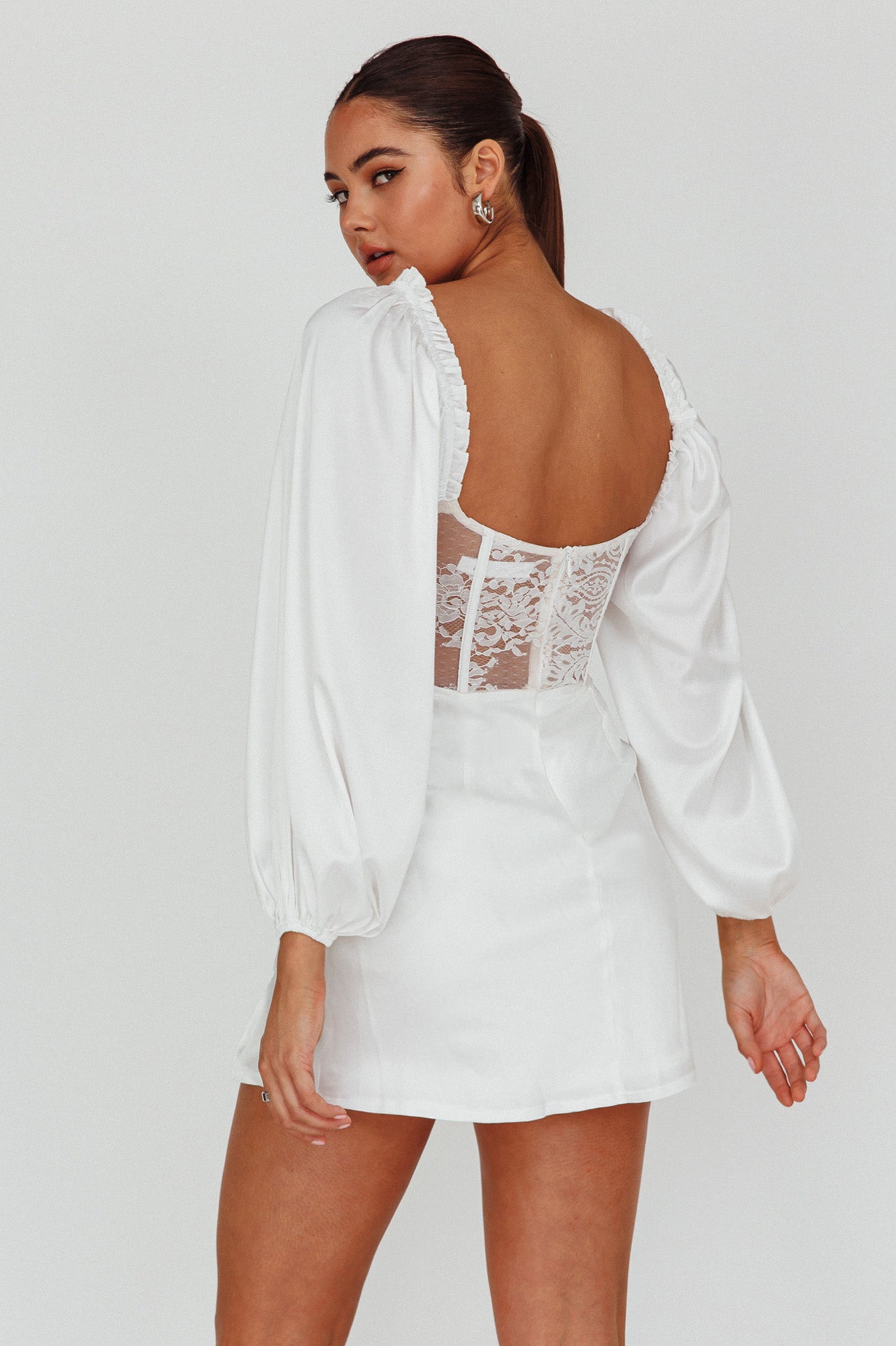 Trophy Long Sleeve Lace Bodice Midi Dress White by Selfie Leslie