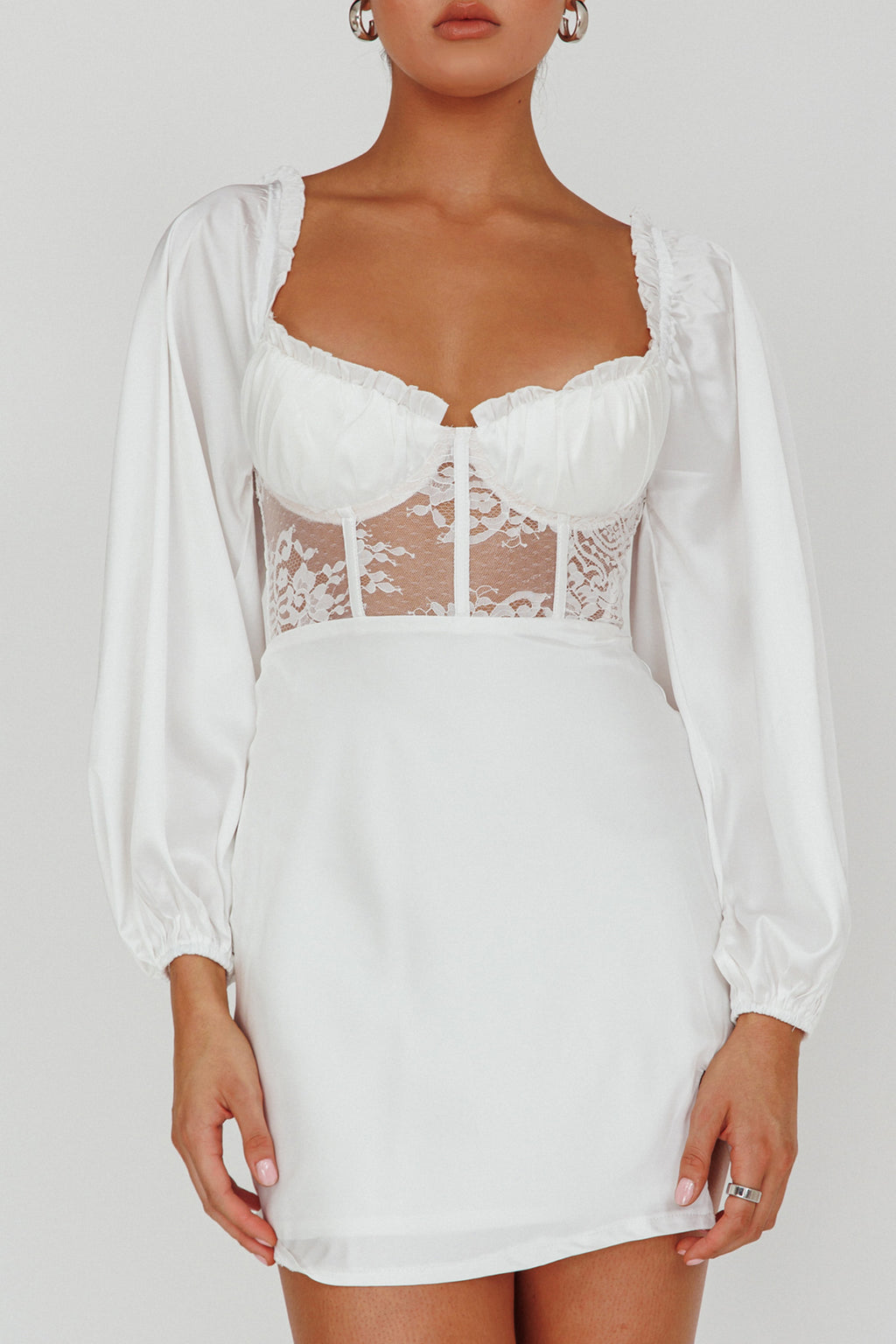 Trophy Long Sleeve Lace Bodice Midi Dress White by Selfie Leslie