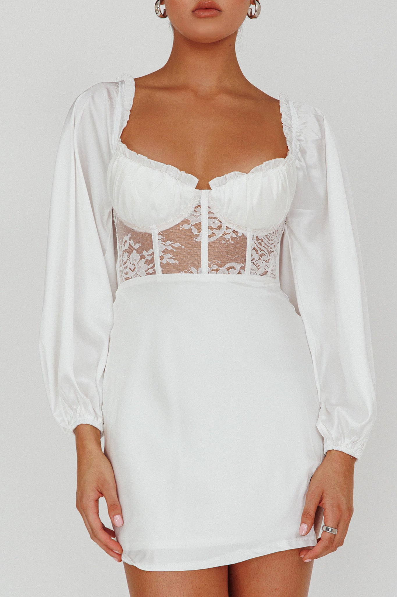 Trophy Long Sleeve Lace Bodice Midi Dress White by Selfie Leslie
