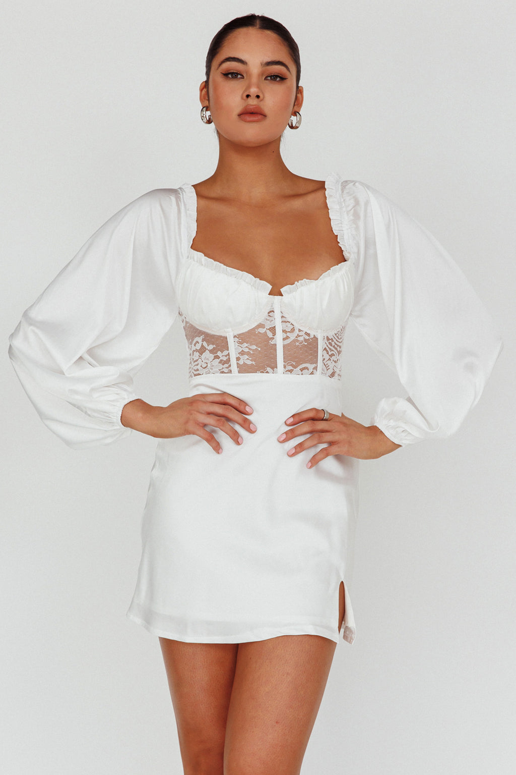 Trophy Long Sleeve Lace Bodice Midi Dress White by Selfie Leslie