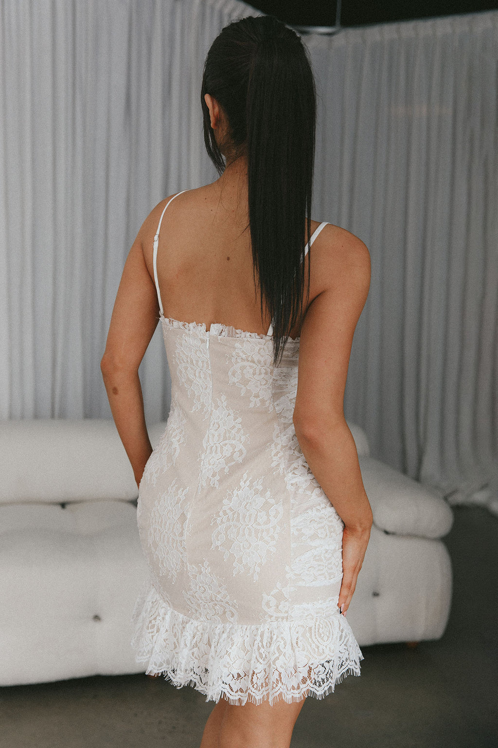 St Tropez Cami Strap Frill Hem Lace Mini Dress White by Selfie Leslie