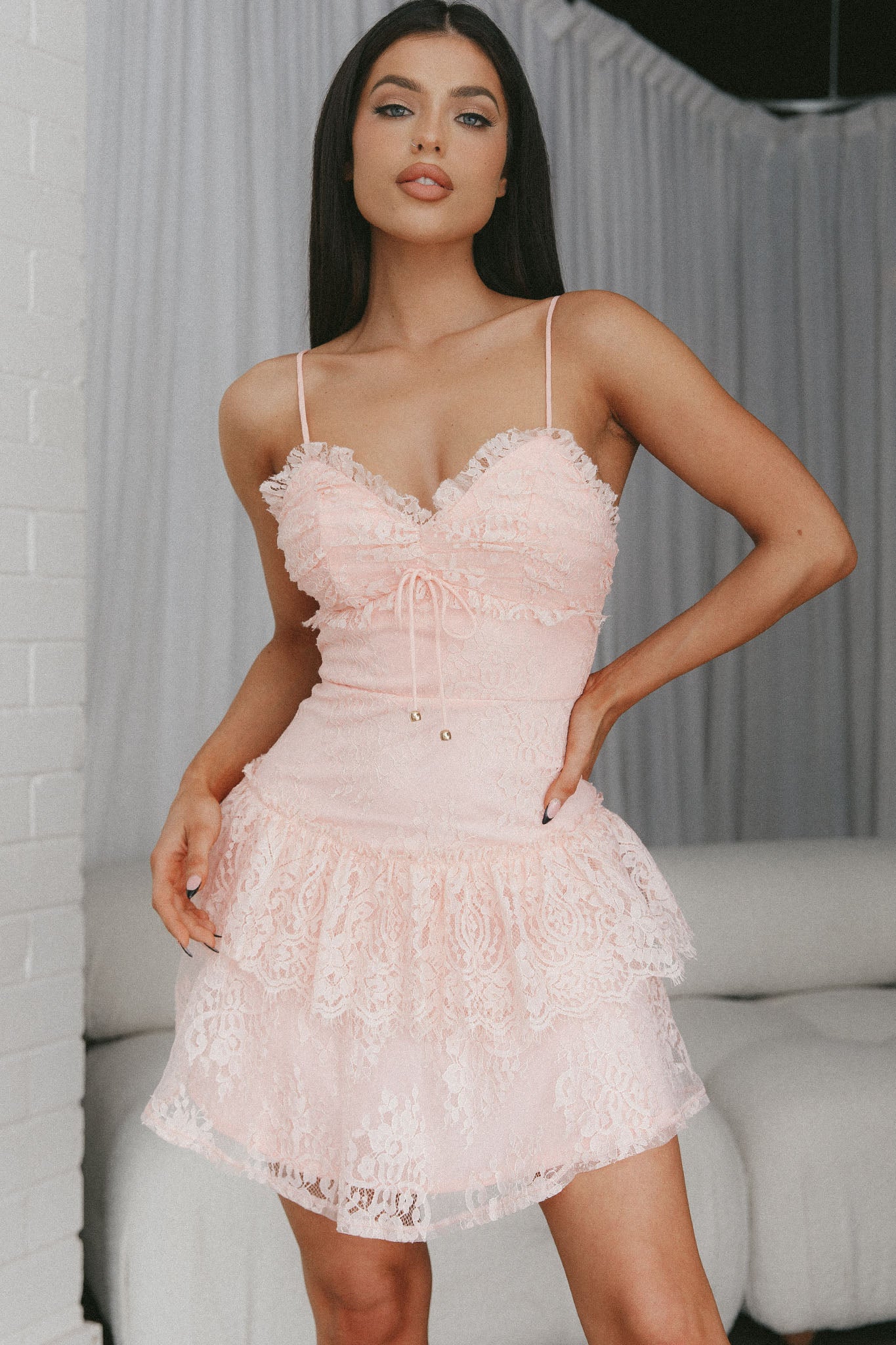St Tropez Cami Strap Frill Trim Lace Mini Dress Blush by Selfie Leslie
