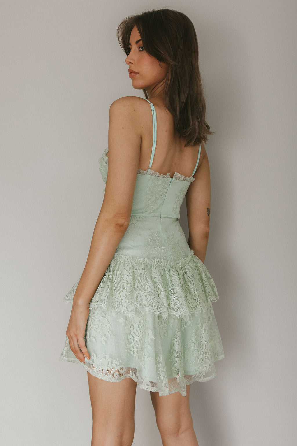 St Tropez Cami Strap Frill Trim Lace Mini Dress Sage by Selfie Leslie