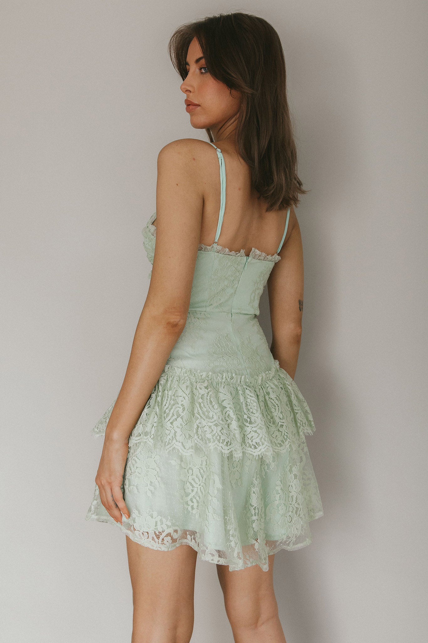 St Tropez Cami Strap Frill Trim Lace Mini Dress Sage by Selfie Leslie