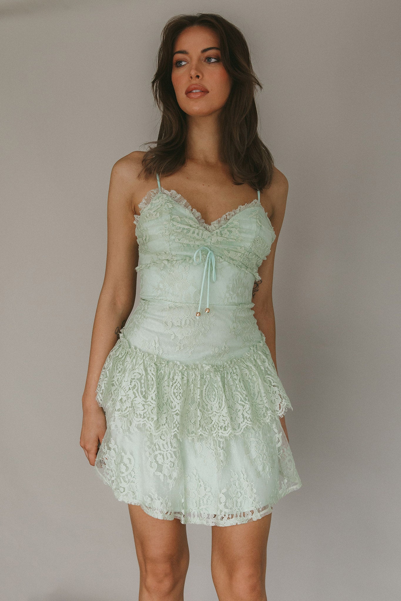 St Tropez Cami Strap Frill Trim Lace Mini Dress Sage by Selfie Leslie