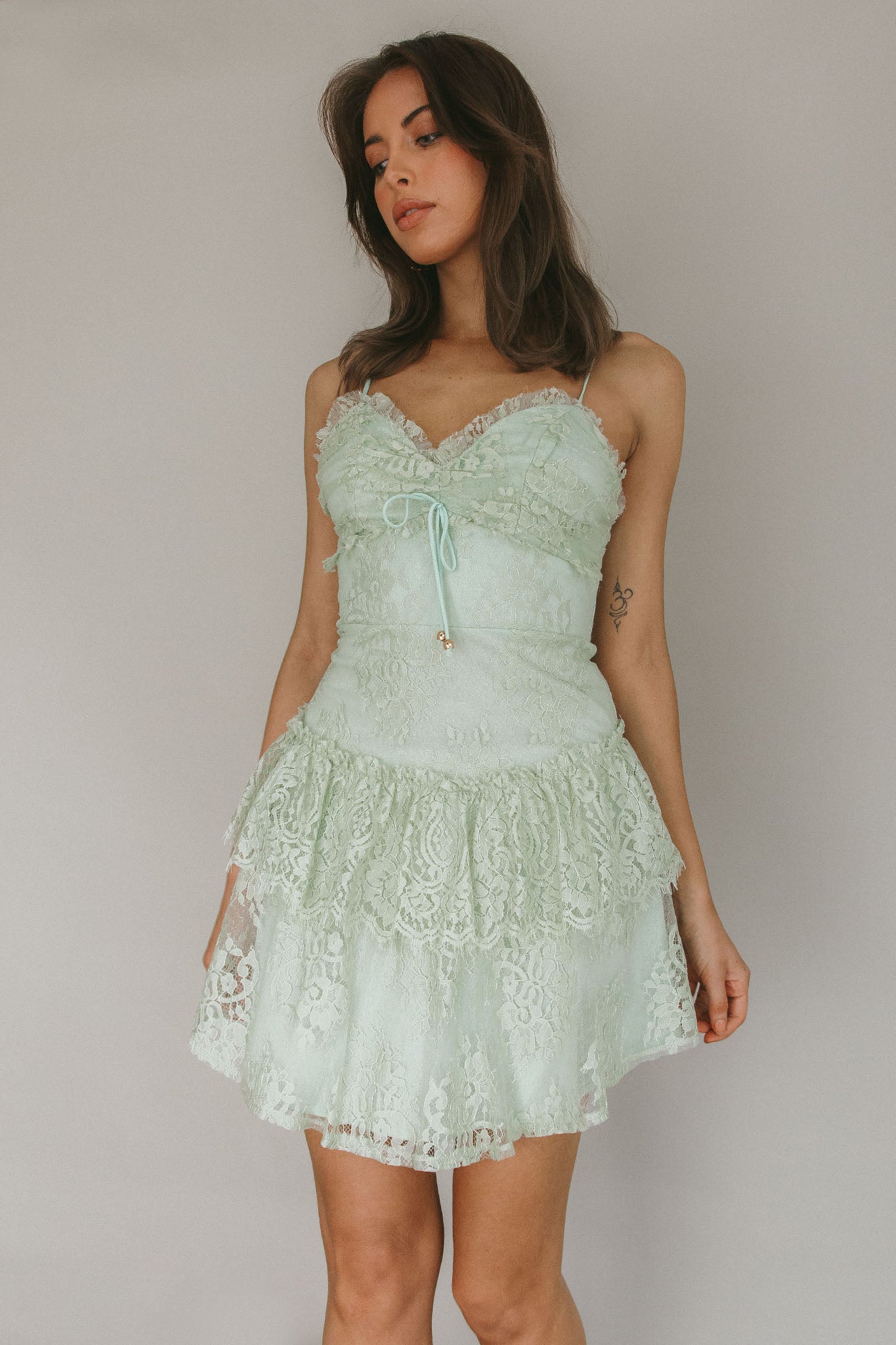 St Tropez Cami Strap Frill Trim Lace Mini Dress Sage by Selfie Leslie