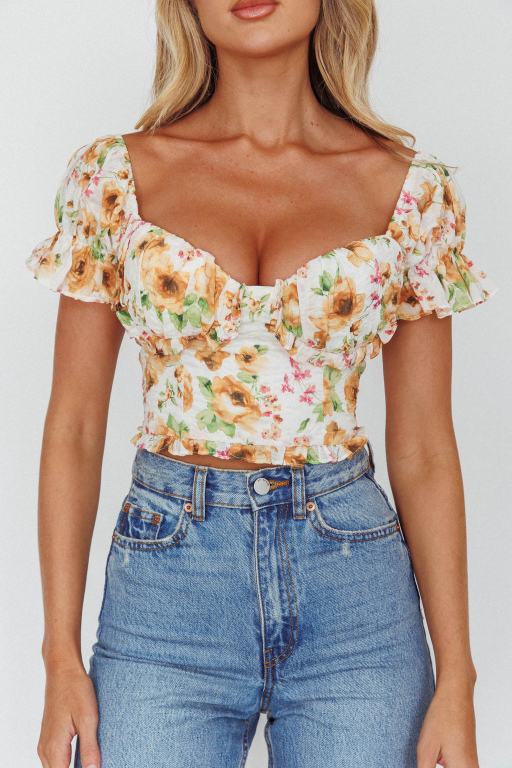 Besito Puff Sleeve Crop Top Floral White/Yellow by Selfie Leslie