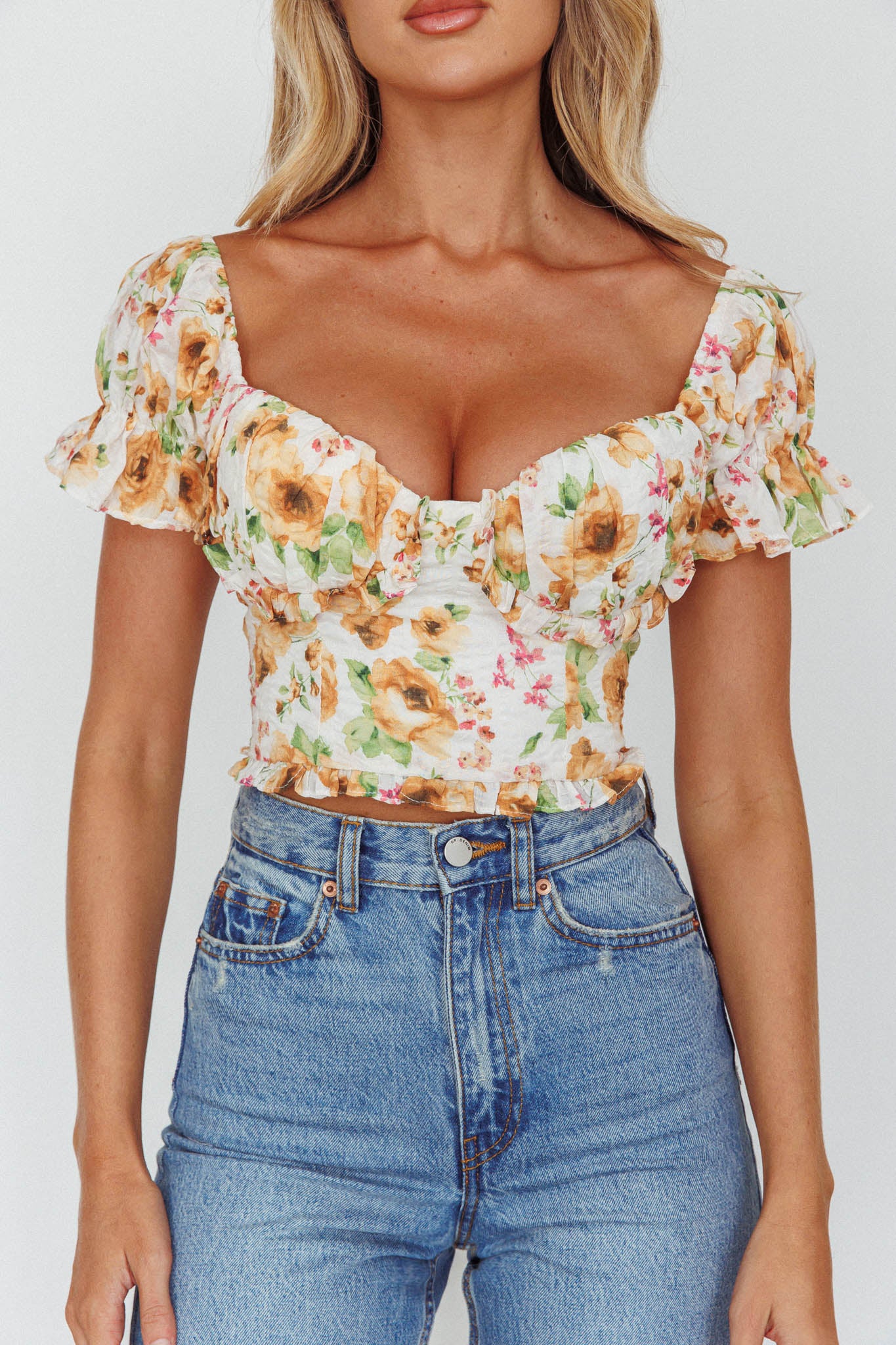 Besito Puff Sleeve Crop Top Floral White/Yellow by Selfie Leslie