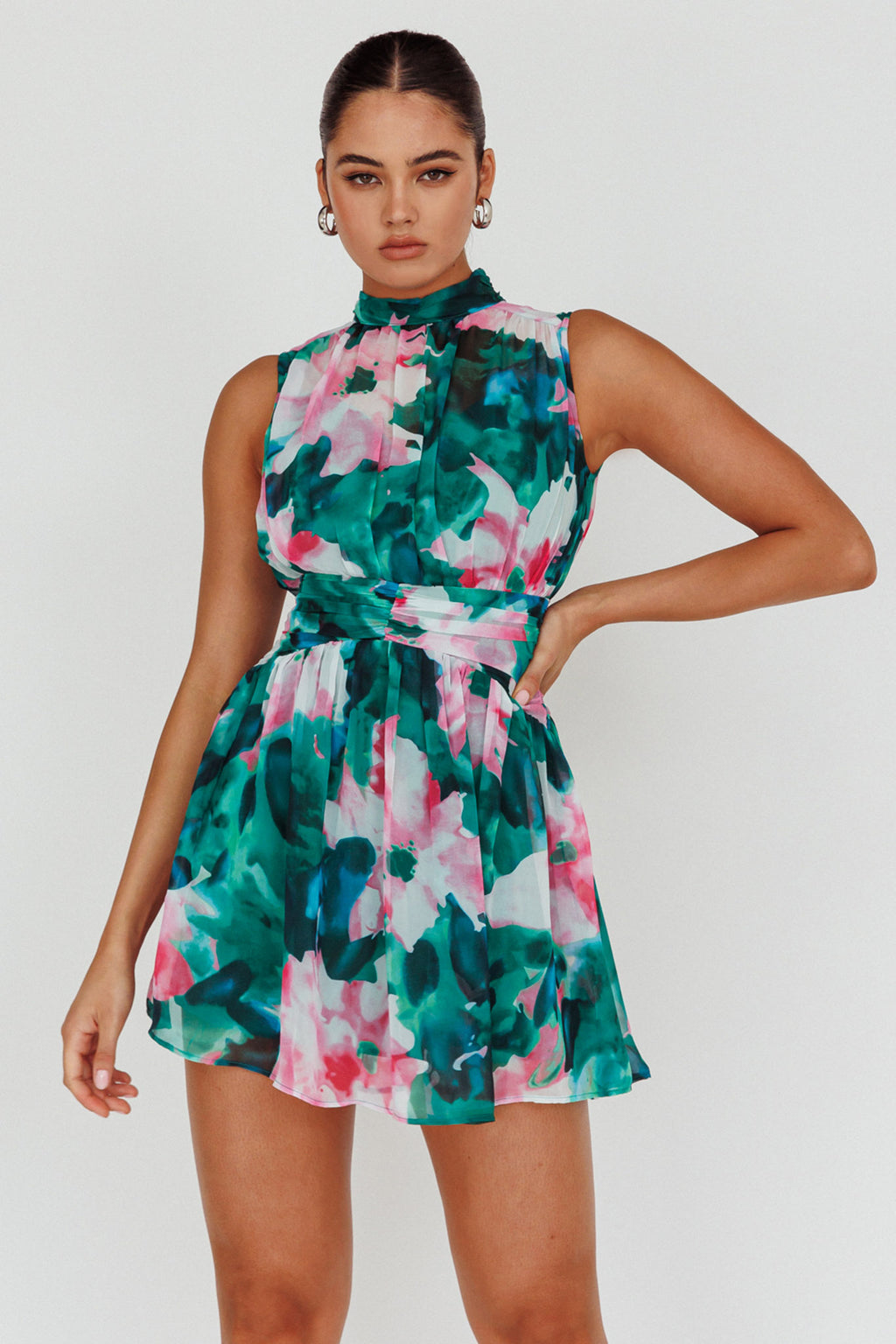 Mandalay High Neck Sleeveless Dress Floral Green by Selfie Leslie