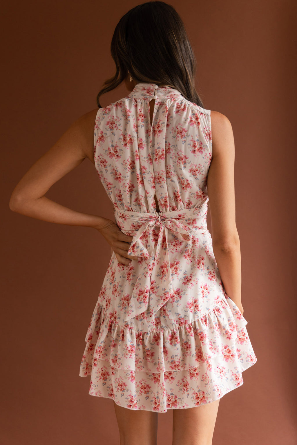 Mandalay High Neck Sleeveless Waistband Dress Vintage Floral Pink by Selfie Leslie